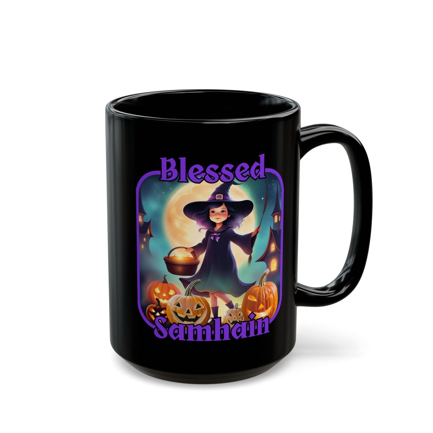 Blessed Samhain Little Witch Purple font Black Mug by CreepyCrafts.boo
