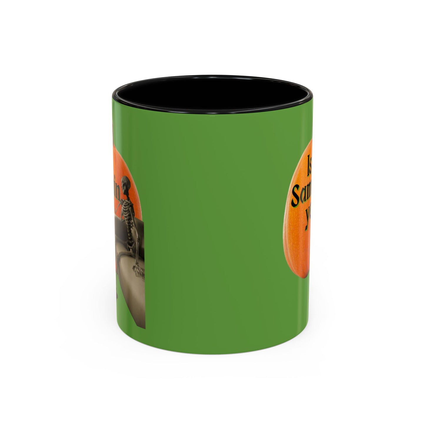 Is It Samhain Yet? Skeleton's Giant Pumpkin Green Accent Mug by CreepyCrafts.boo