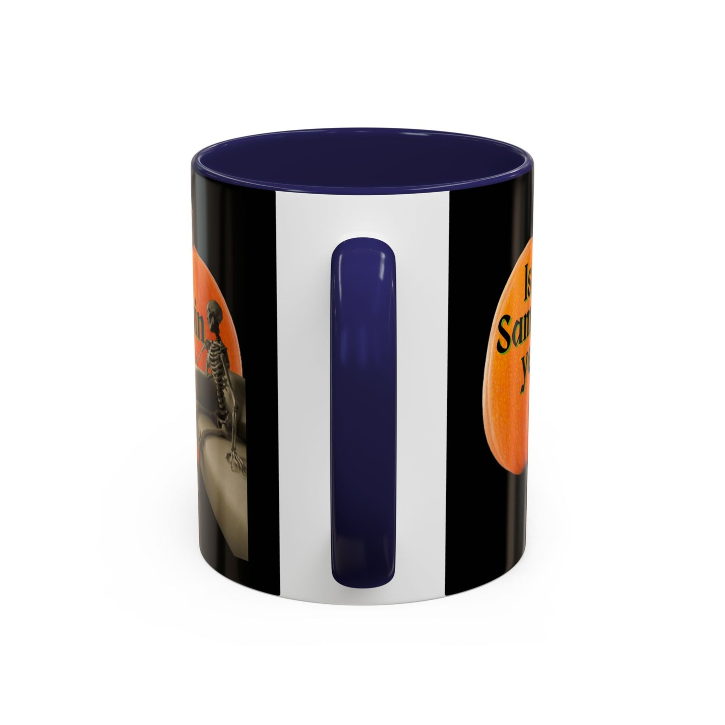 Is It Samhain Yet? Skeleton's Giant Pumpkin Black Accent Mug by CreepyCrafts.boo