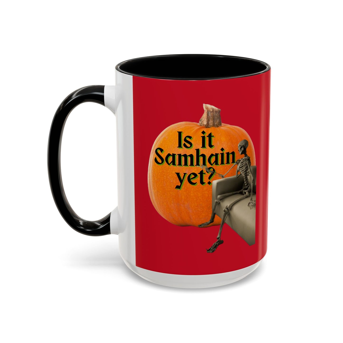 Is It Samhain Yet? Skeleton's Giant Pumpkin Red Accent Mug by CreepyCrafts.boo