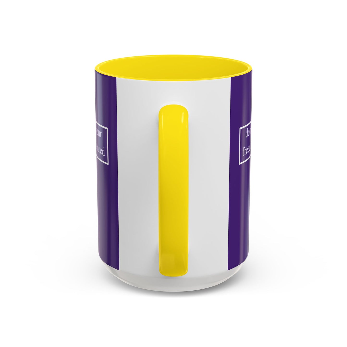 don't assume your freedoms are assured, White font, Dark Purple Accent Mug by cypherpunkgear.com
