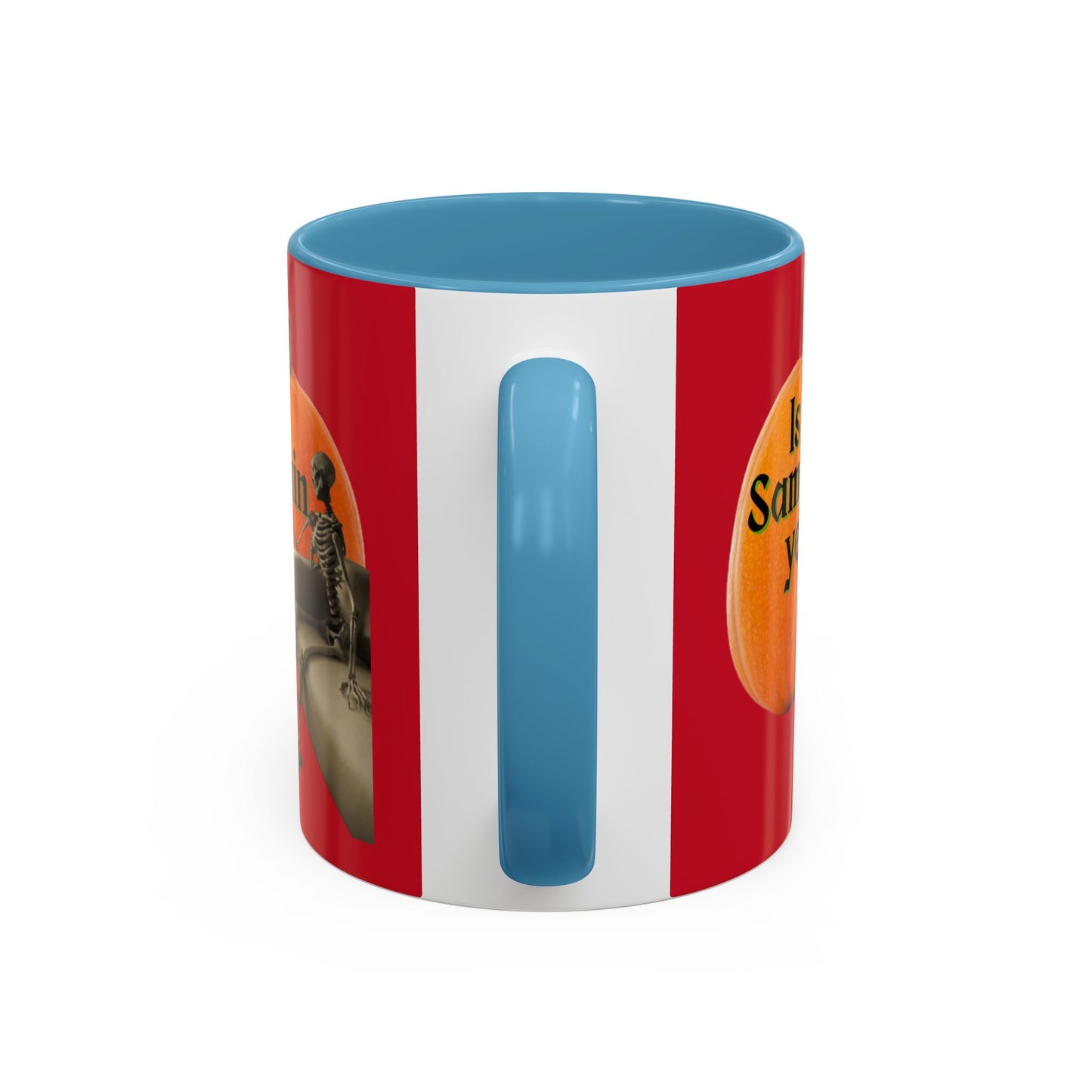 Is It Samhain Yet? Skeleton's Giant Pumpkin Red Accent Mug by CreepyCrafts.boo