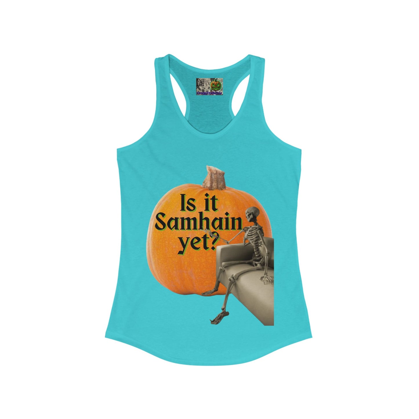 Is It Samhain Yet? Skeleton's Giant Pumpkin Women’s Racerback Tank Top by CreepyCrafts.boo