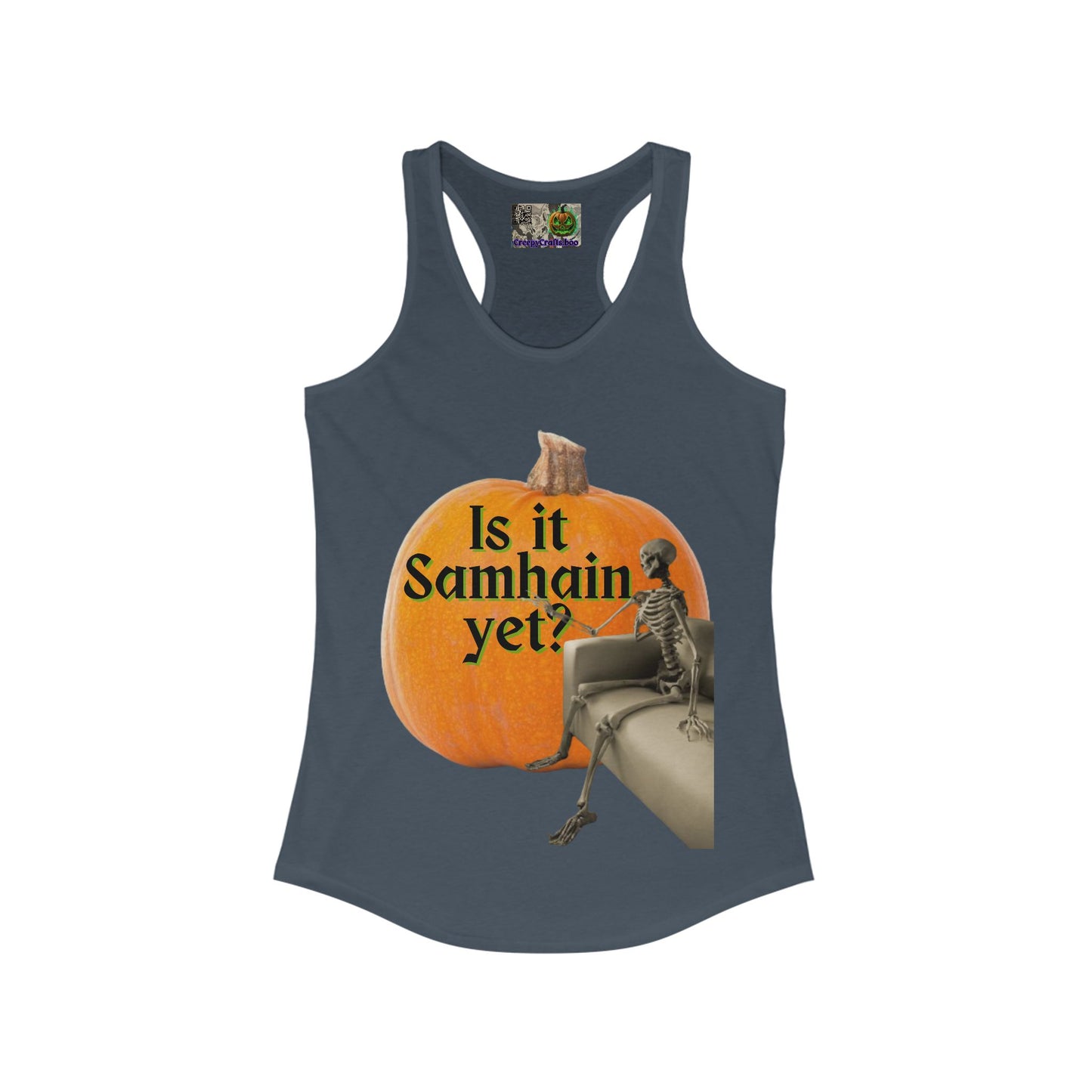 Is It Samhain Yet? Skeleton's Giant Pumpkin Women’s Racerback Tank Top by CreepyCrafts.boo