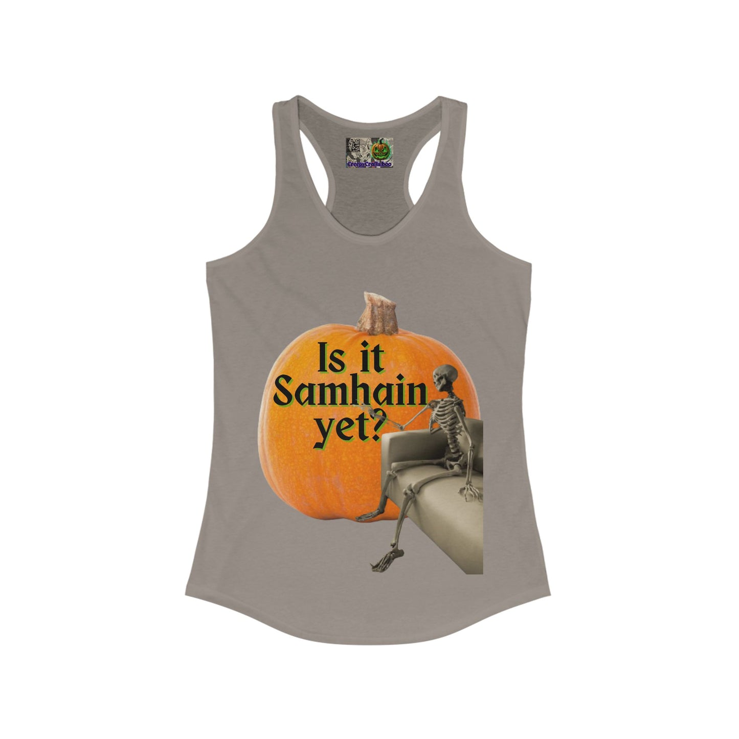Is It Samhain Yet? Skeleton's Giant Pumpkin Women’s Racerback Tank Top by CreepyCrafts.boo