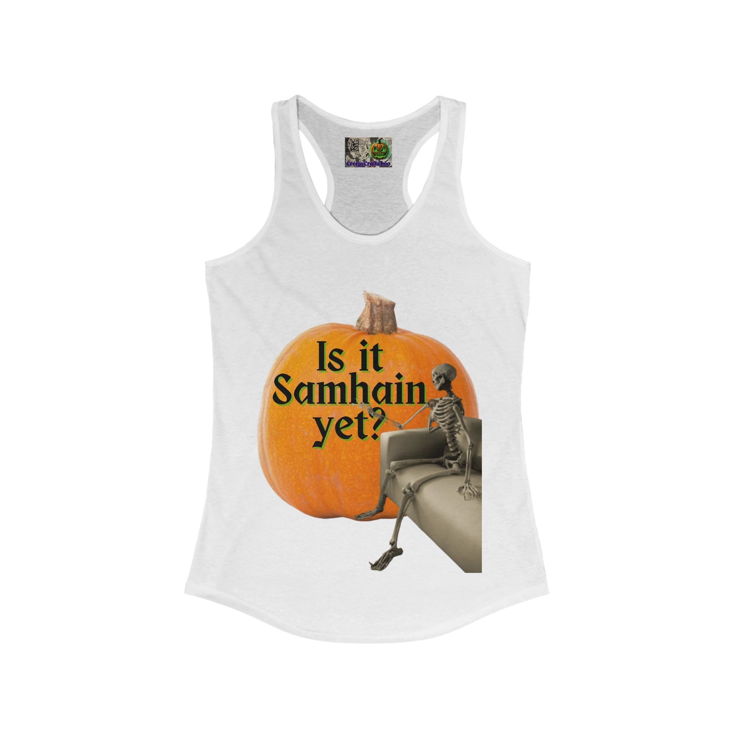 Is It Samhain Yet? Skeleton's Giant Pumpkin Women’s Racerback Tank Top by CreepyCrafts.boo