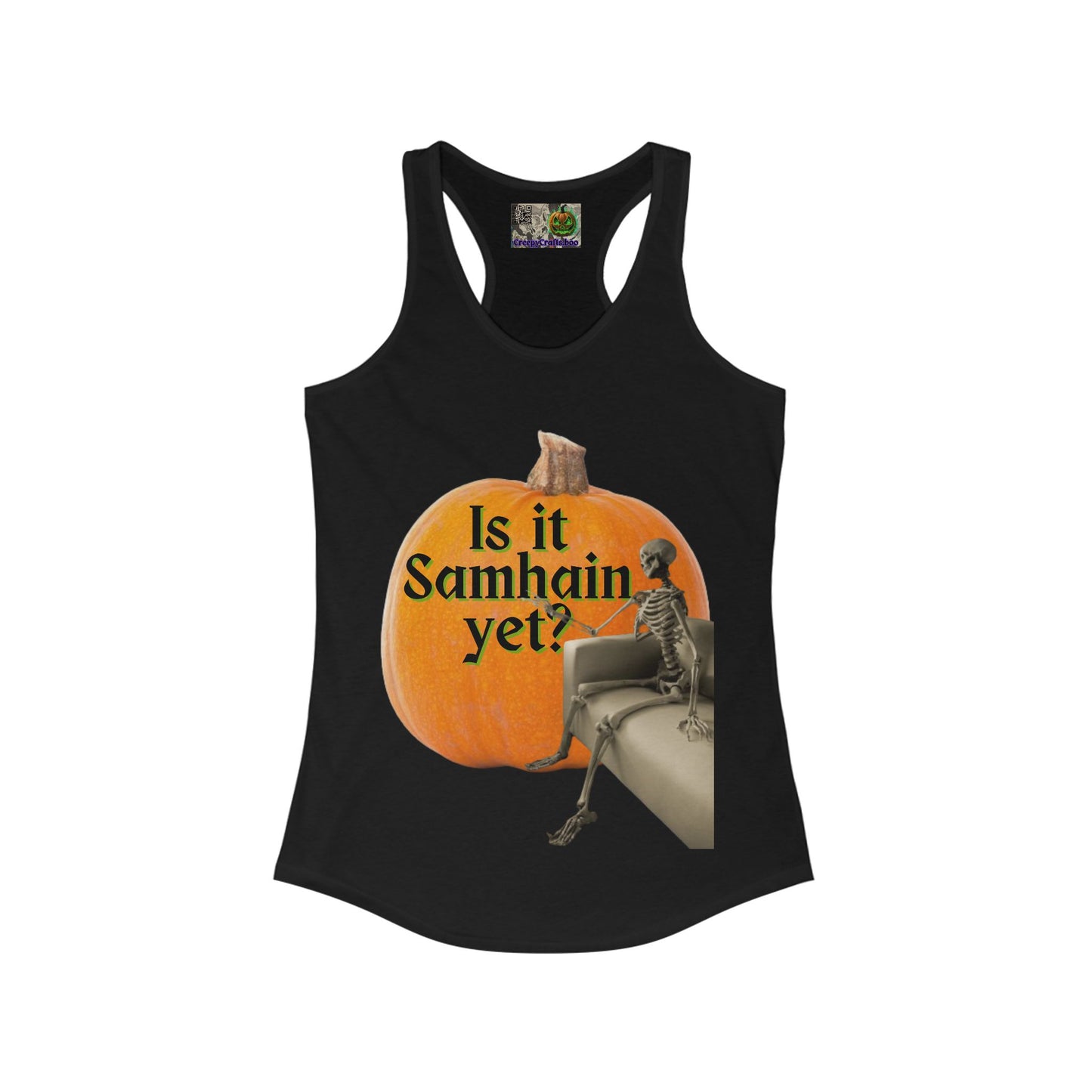 Is It Samhain Yet? Skeleton's Giant Pumpkin Women’s Racerback Tank Top by CreepyCrafts.boo