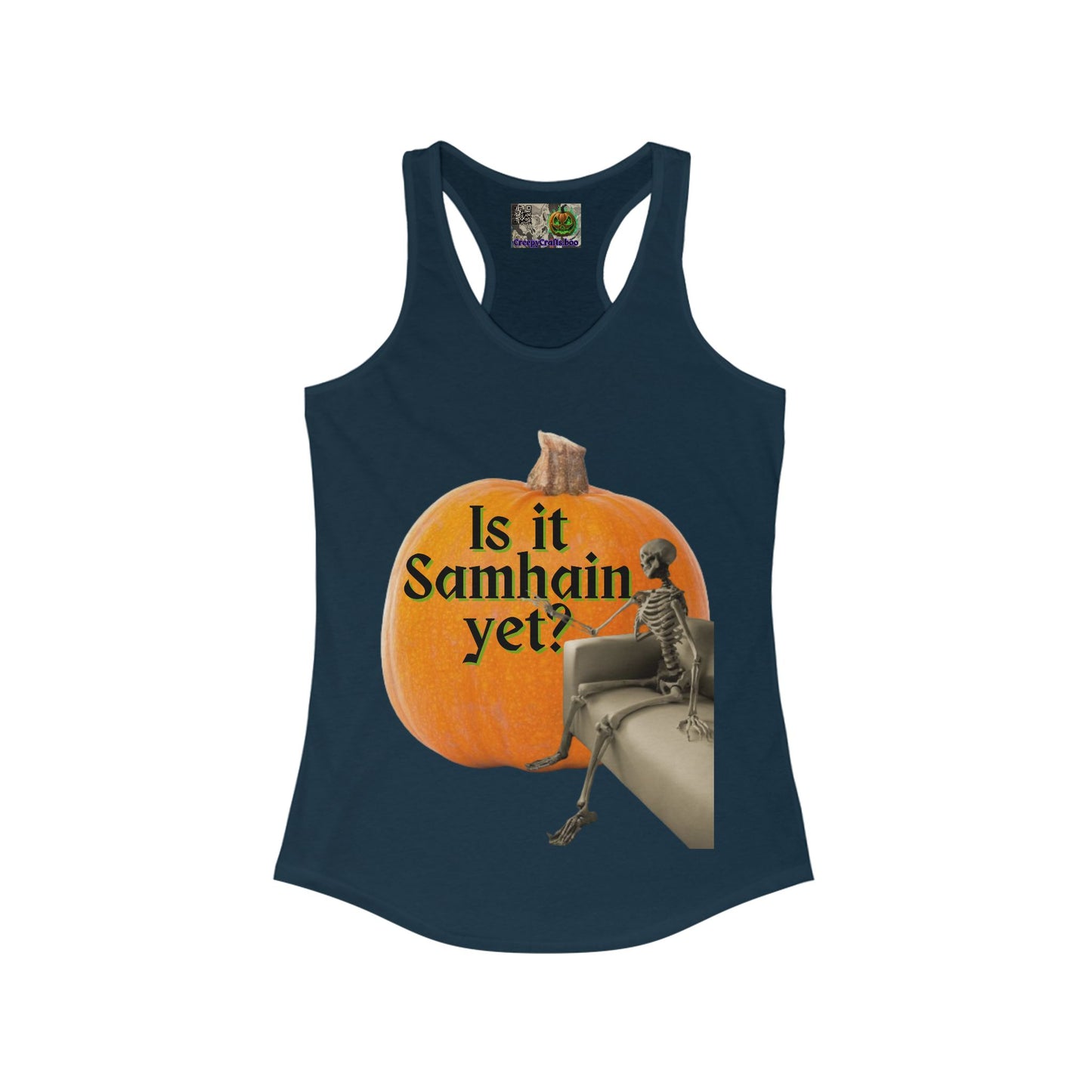Is It Samhain Yet? Skeleton's Giant Pumpkin Women’s Racerback Tank Top by CreepyCrafts.boo