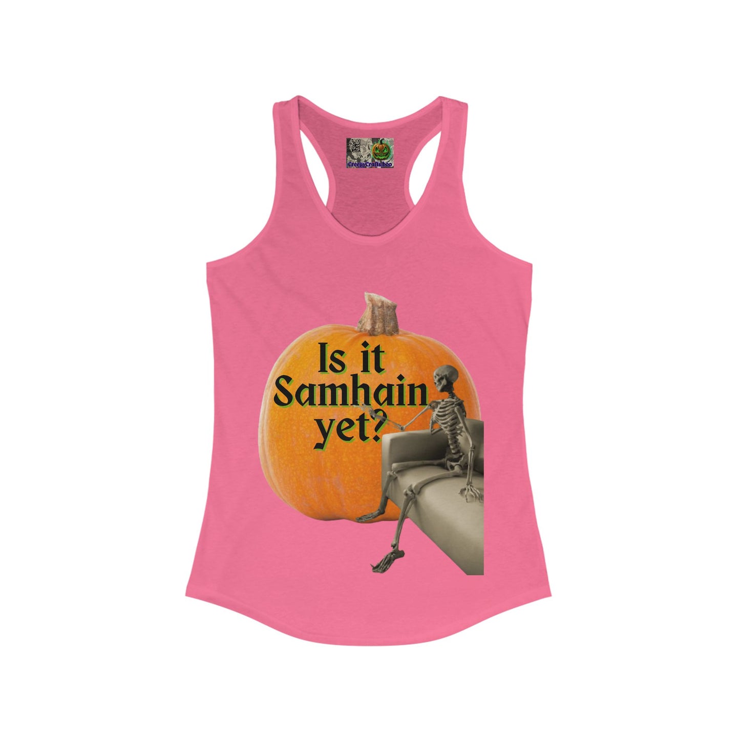 Is It Samhain Yet? Skeleton's Giant Pumpkin Women’s Racerback Tank Top by CreepyCrafts.boo