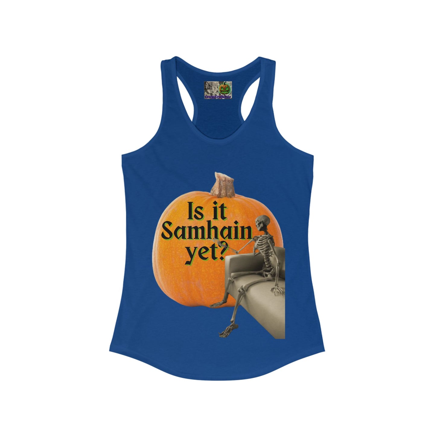 Is It Samhain Yet? Skeleton's Giant Pumpkin Women’s Racerback Tank Top by CreepyCrafts.boo