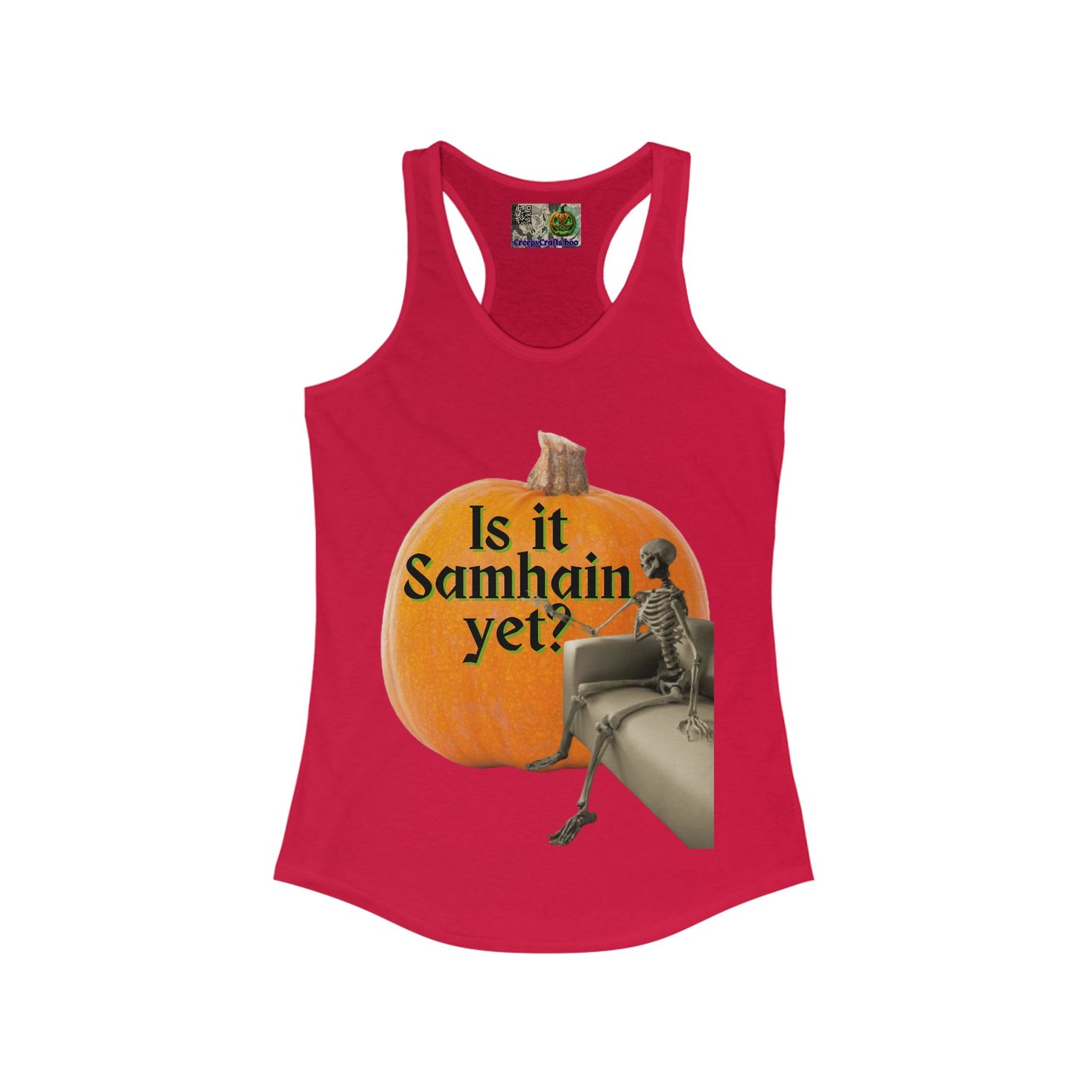 Is It Samhain Yet? Skeleton's Giant Pumpkin Women’s Racerback Tank Top by CreepyCrafts.boo