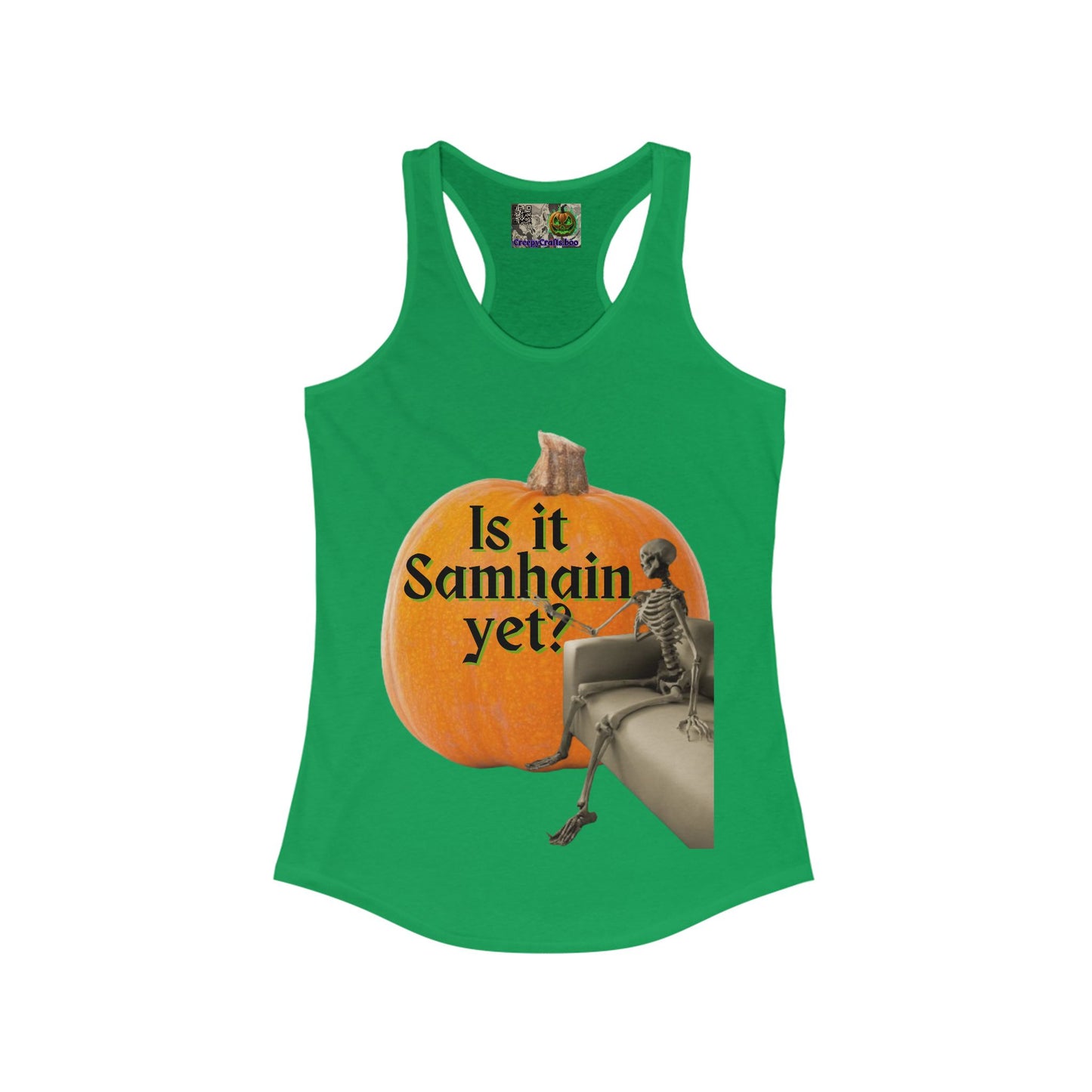 Is It Samhain Yet? Skeleton's Giant Pumpkin Women’s Racerback Tank Top by CreepyCrafts.boo