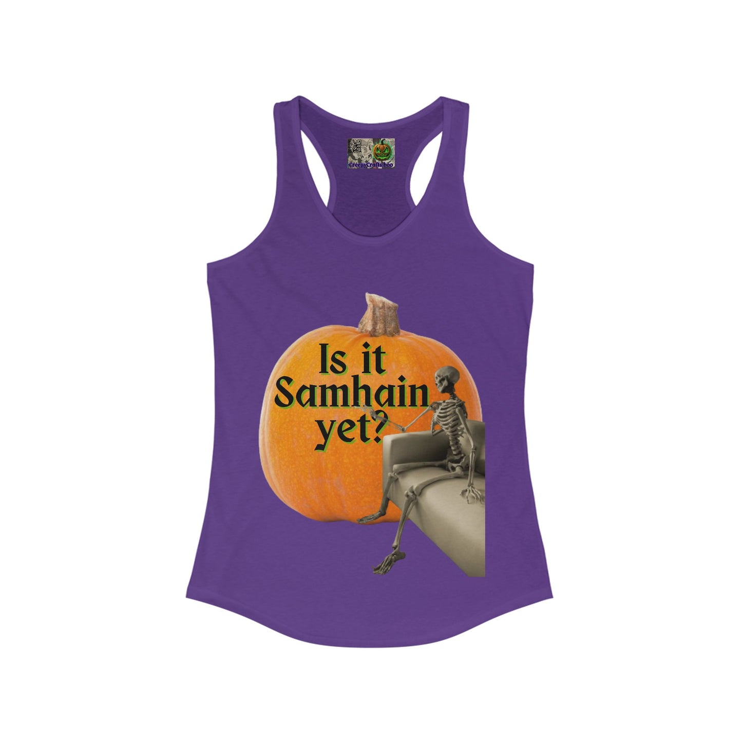 Is It Samhain Yet? Skeleton's Giant Pumpkin Women’s Racerback Tank Top by CreepyCrafts.boo