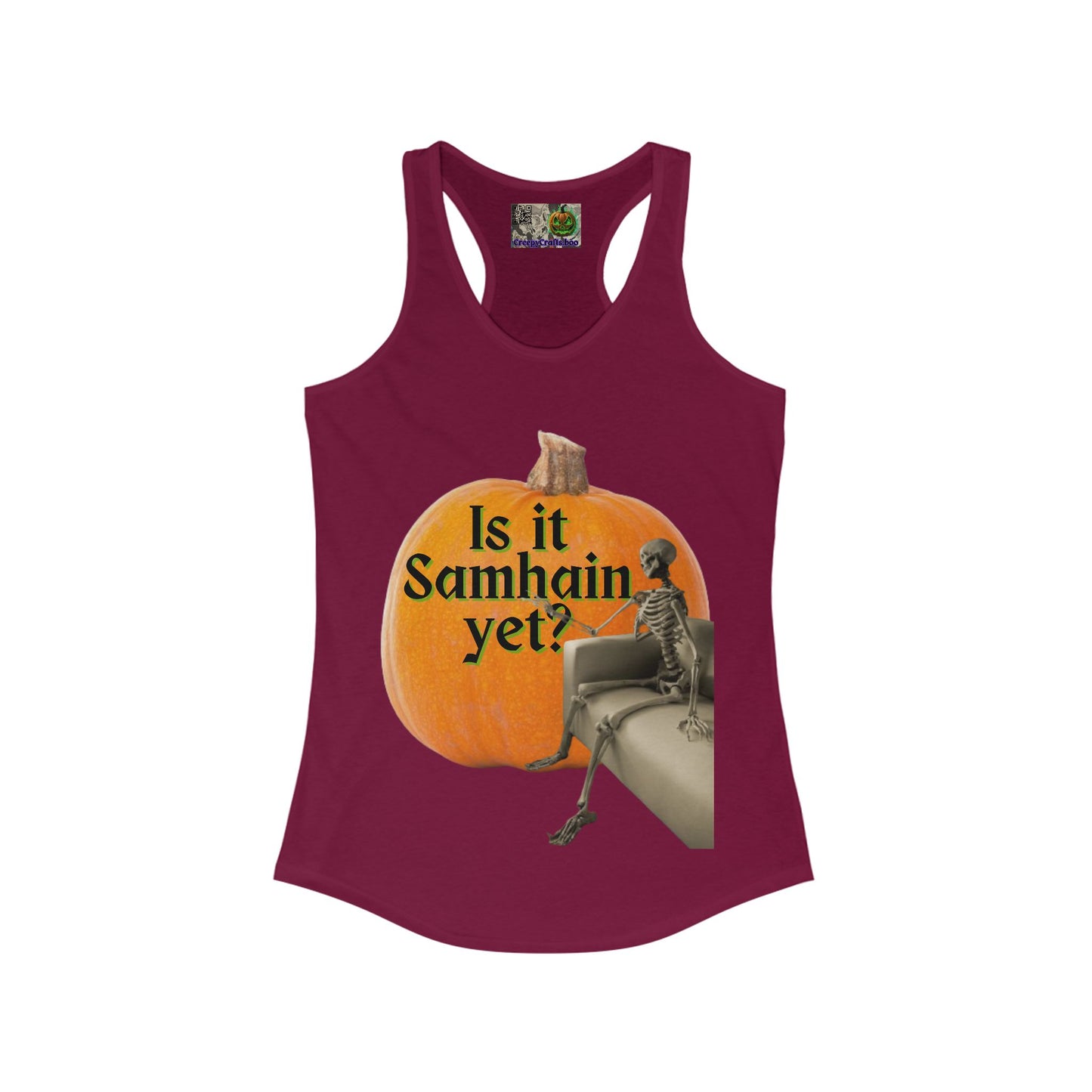 Is It Samhain Yet? Skeleton's Giant Pumpkin Women’s Racerback Tank Top by CreepyCrafts.boo