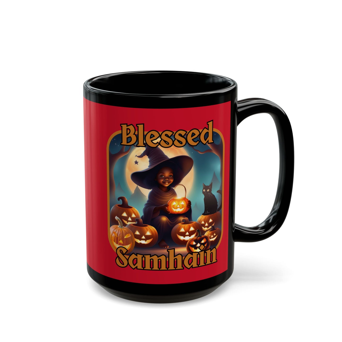 Blessed Samhain Cute Witch Orange font Red Mug by CreepyCrafts.boo