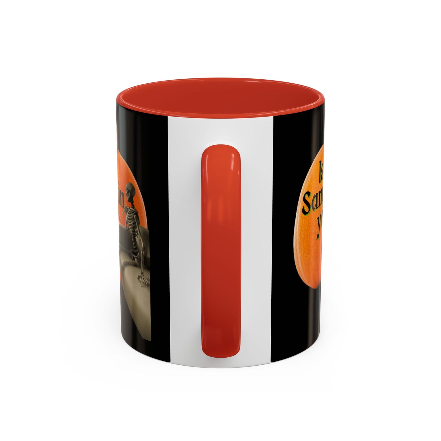 Is It Samhain Yet? Skeleton's Giant Pumpkin Black Accent Mug by CreepyCrafts.boo
