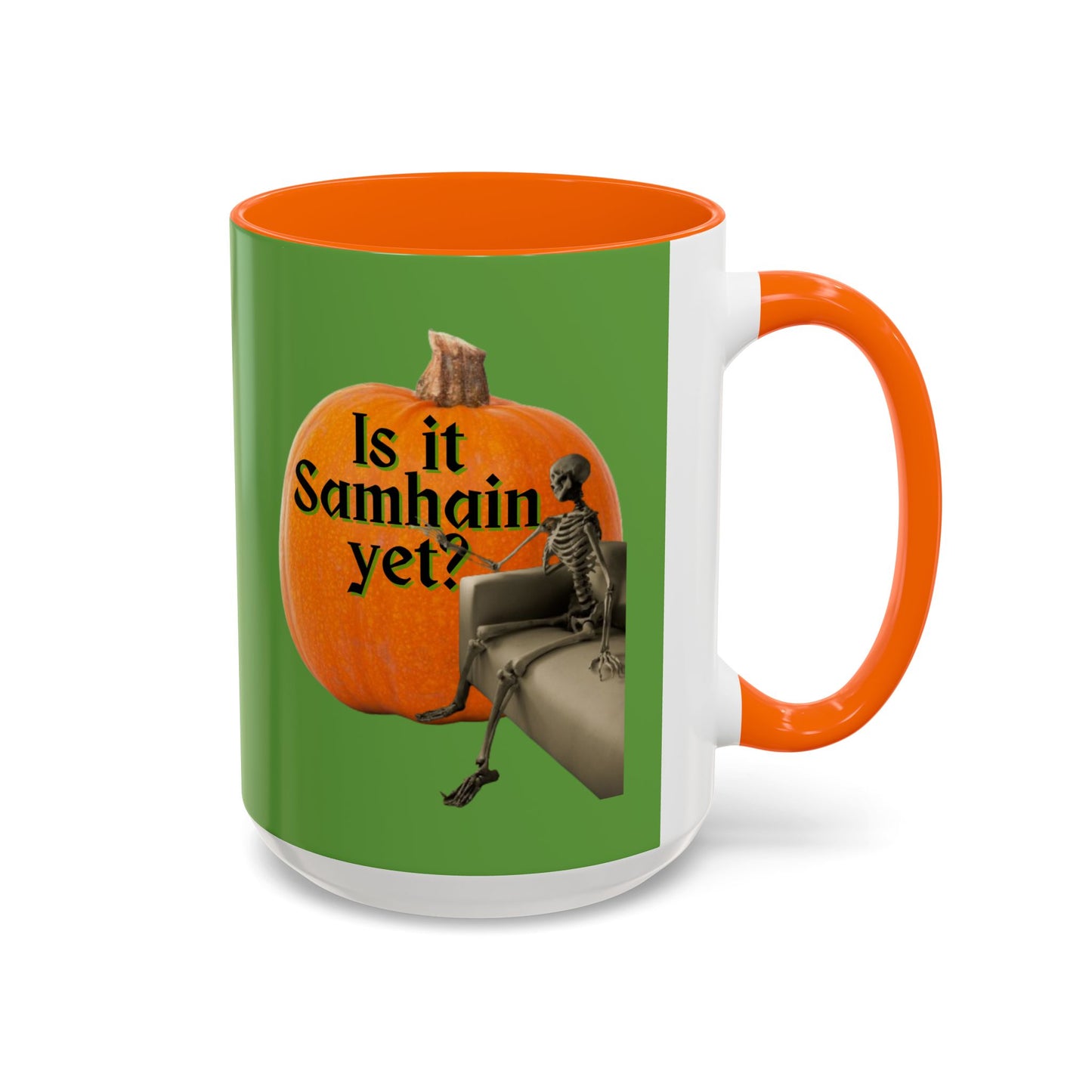 Is It Samhain Yet? Skeleton's Giant Pumpkin Green Accent Mug by CreepyCrafts.boo