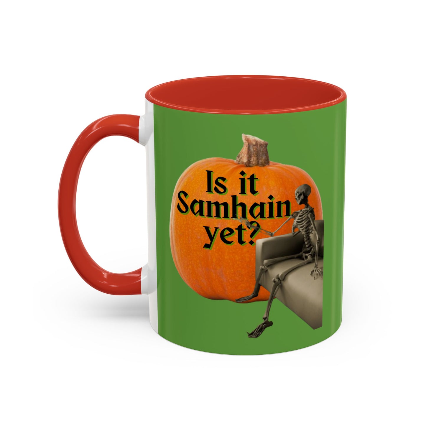 Is It Samhain Yet? Skeleton's Giant Pumpkin Green Accent Mug by CreepyCrafts.boo