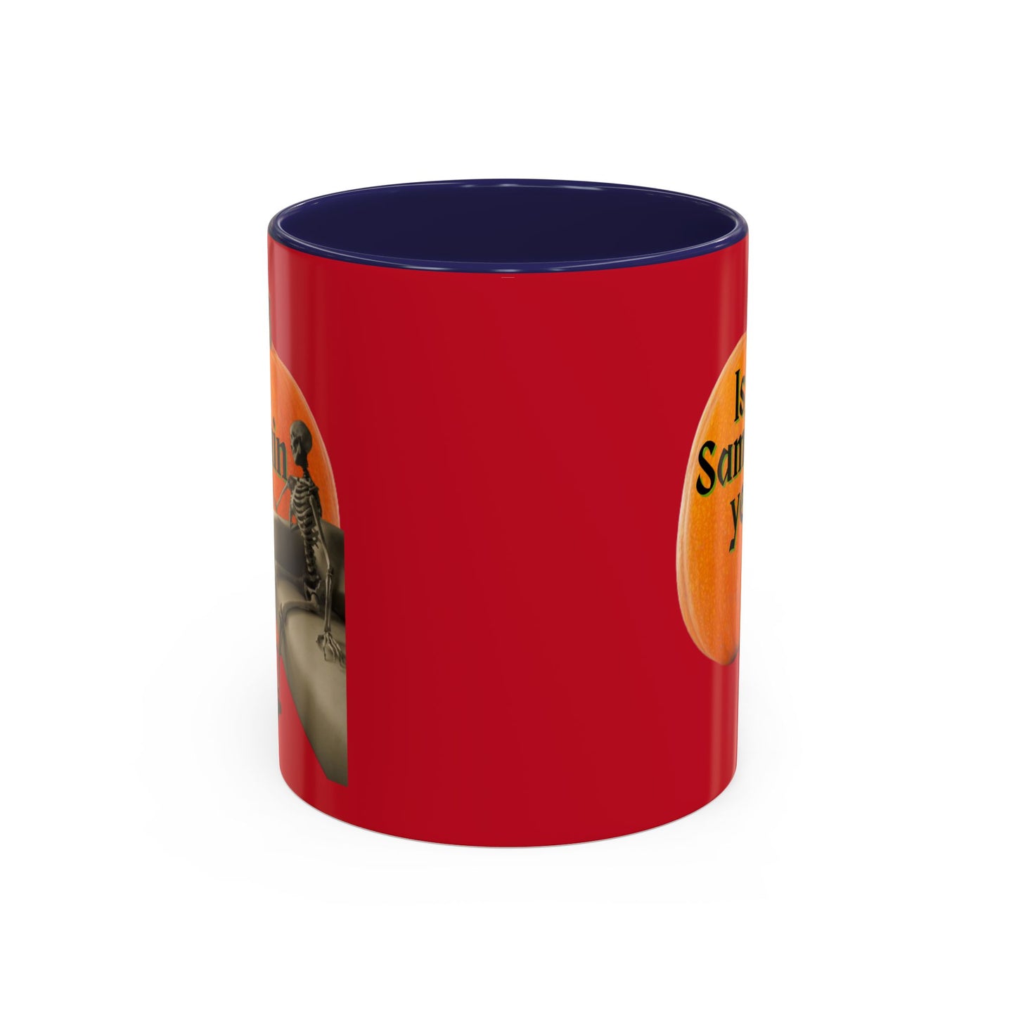 Is It Samhain Yet? Skeleton's Giant Pumpkin Red Accent Mug by CreepyCrafts.boo