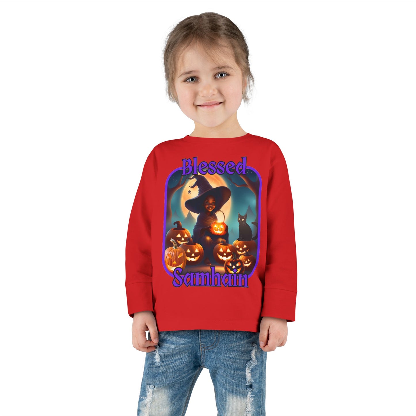 Blessed Samhain Cute Witch Purple font Toddler Long Sleeve Tee by CreepyCrafts.boo