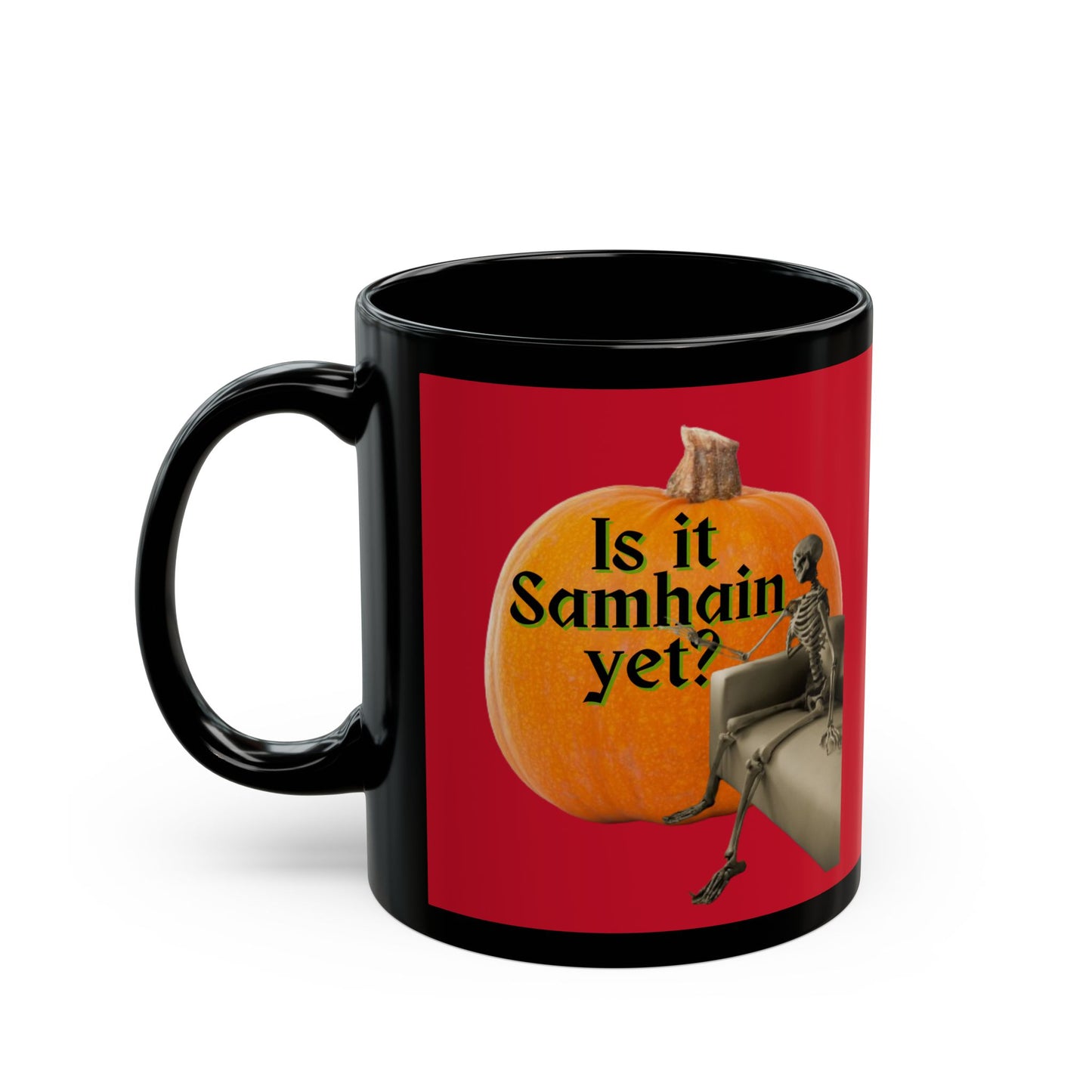 Is It Samhain Yet? Skeleton's Giant Pumpkin Red Mug by CreepyCrafts.boo