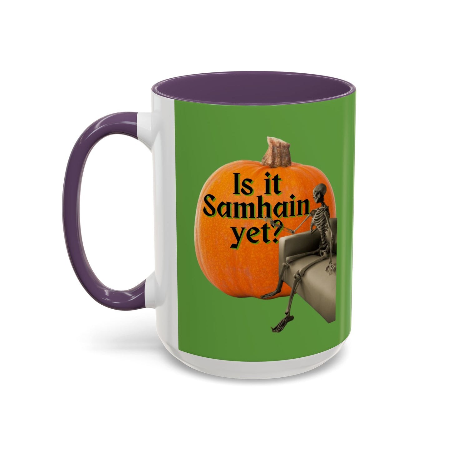 Is It Samhain Yet? Skeleton's Giant Pumpkin Green Accent Mug by CreepyCrafts.boo