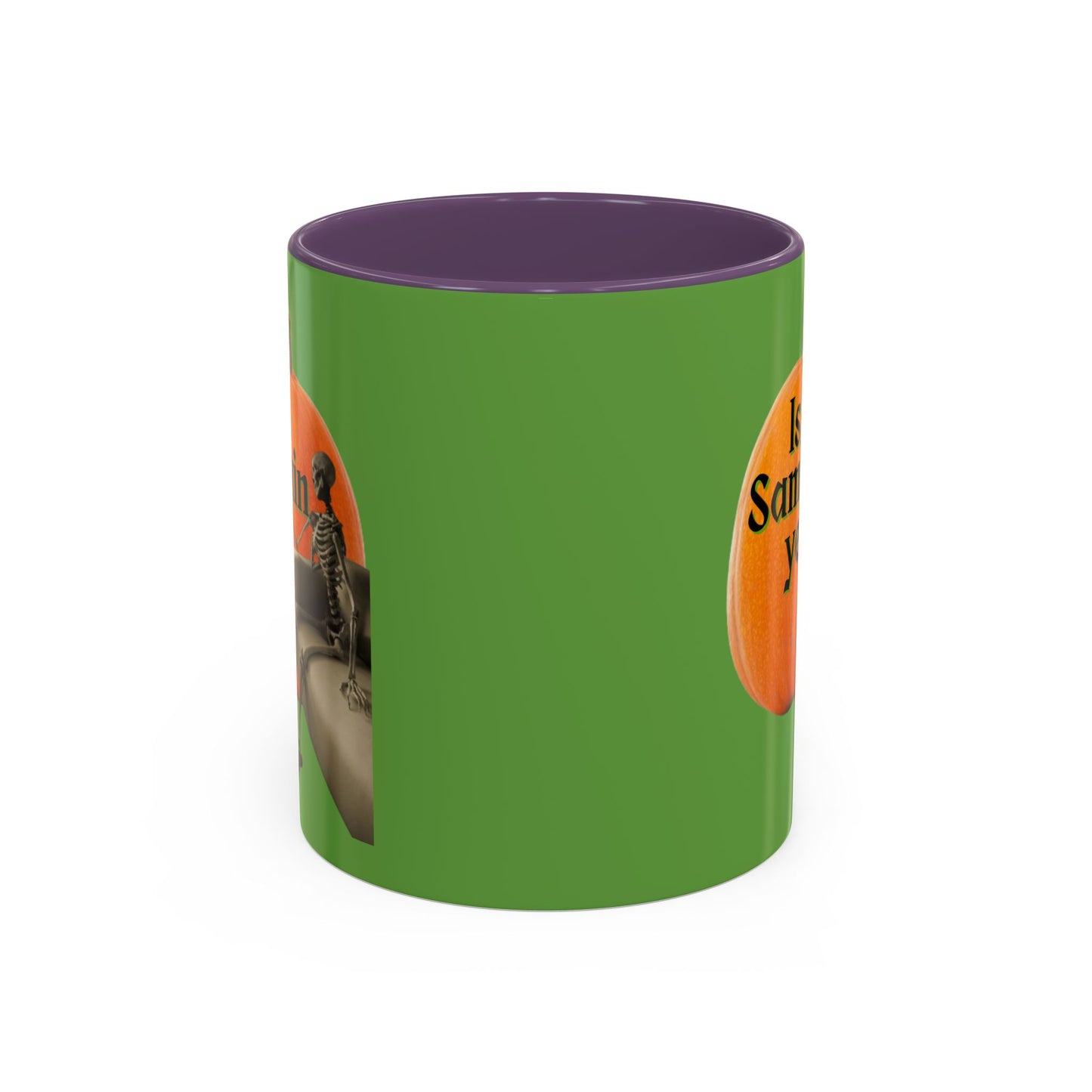 Is It Samhain Yet? Skeleton's Giant Pumpkin Green Accent Mug by CreepyCrafts.boo