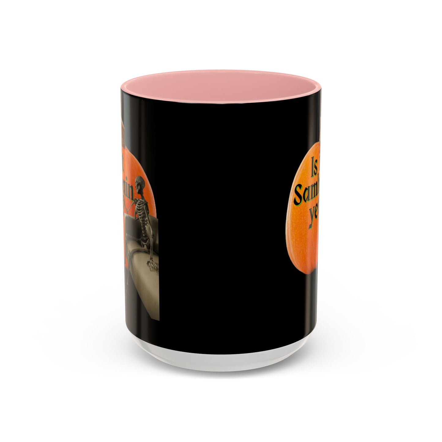 Is It Samhain Yet? Skeleton's Giant Pumpkin Black Accent Mug by CreepyCrafts.boo