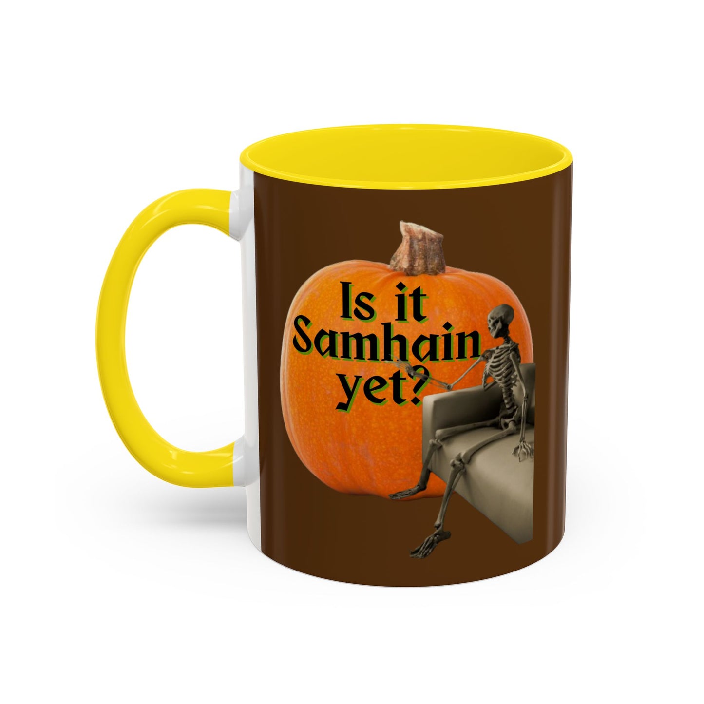 Is It Samhain Yet? Skeleton's Giant Pumpkin Brown Accent Mug by CreepyCrafts.boo