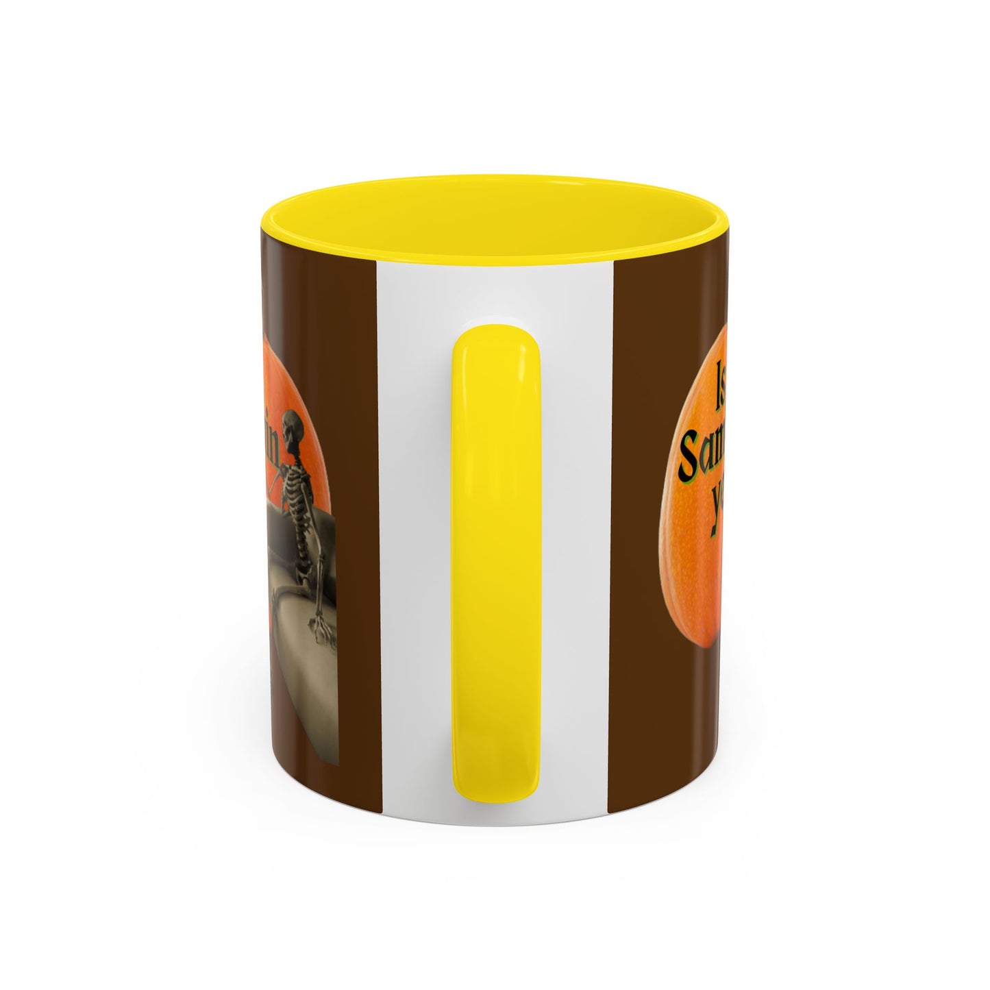 Is It Samhain Yet? Skeleton's Giant Pumpkin Brown Accent Mug by CreepyCrafts.boo