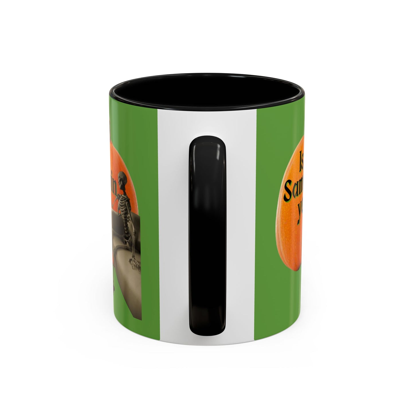 Is It Samhain Yet? Skeleton's Giant Pumpkin Green Accent Mug by CreepyCrafts.boo