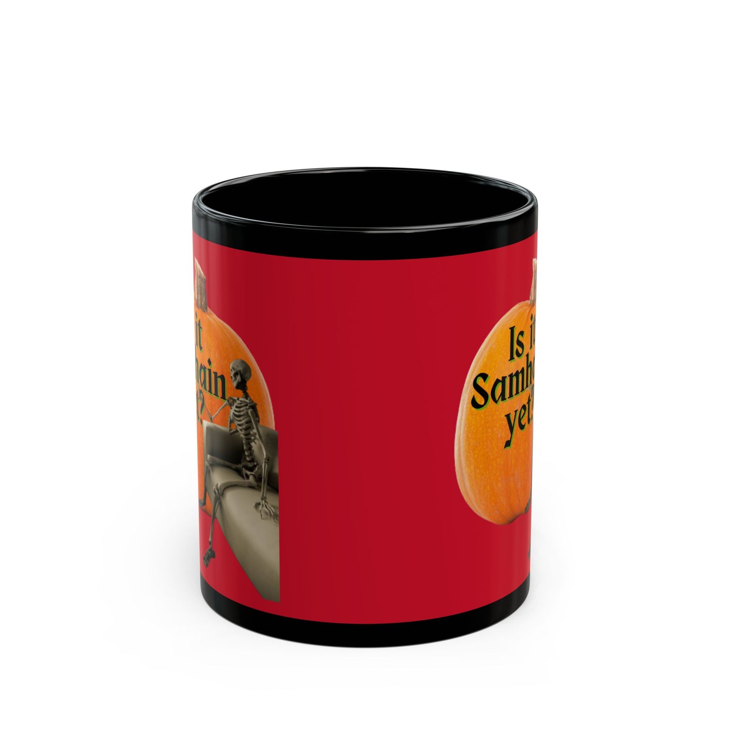 Is It Samhain Yet? Skeleton's Giant Pumpkin Red Mug by CreepyCrafts.boo