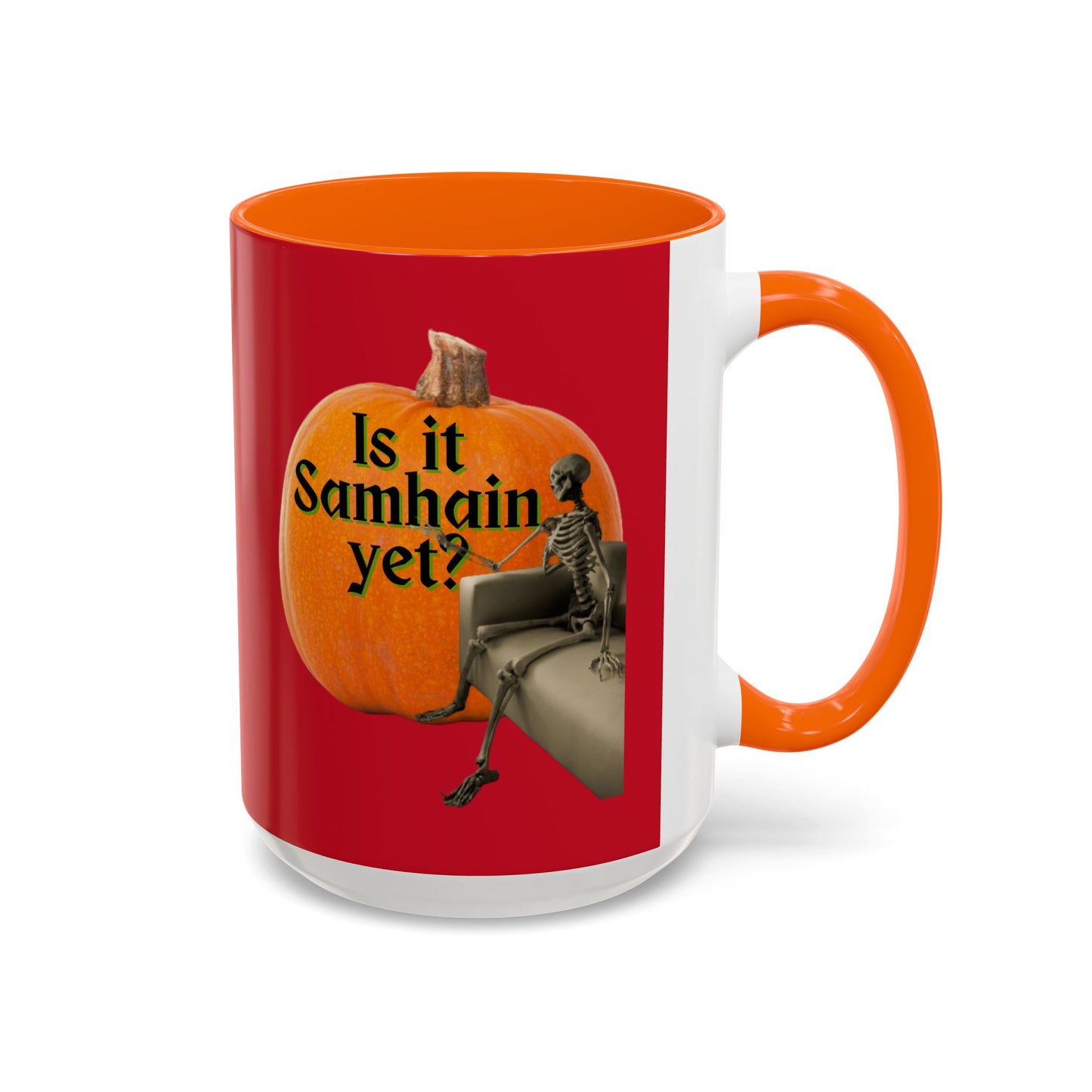 Is It Samhain Yet? Skeleton's Giant Pumpkin Red Accent Mug by CreepyCrafts.boo