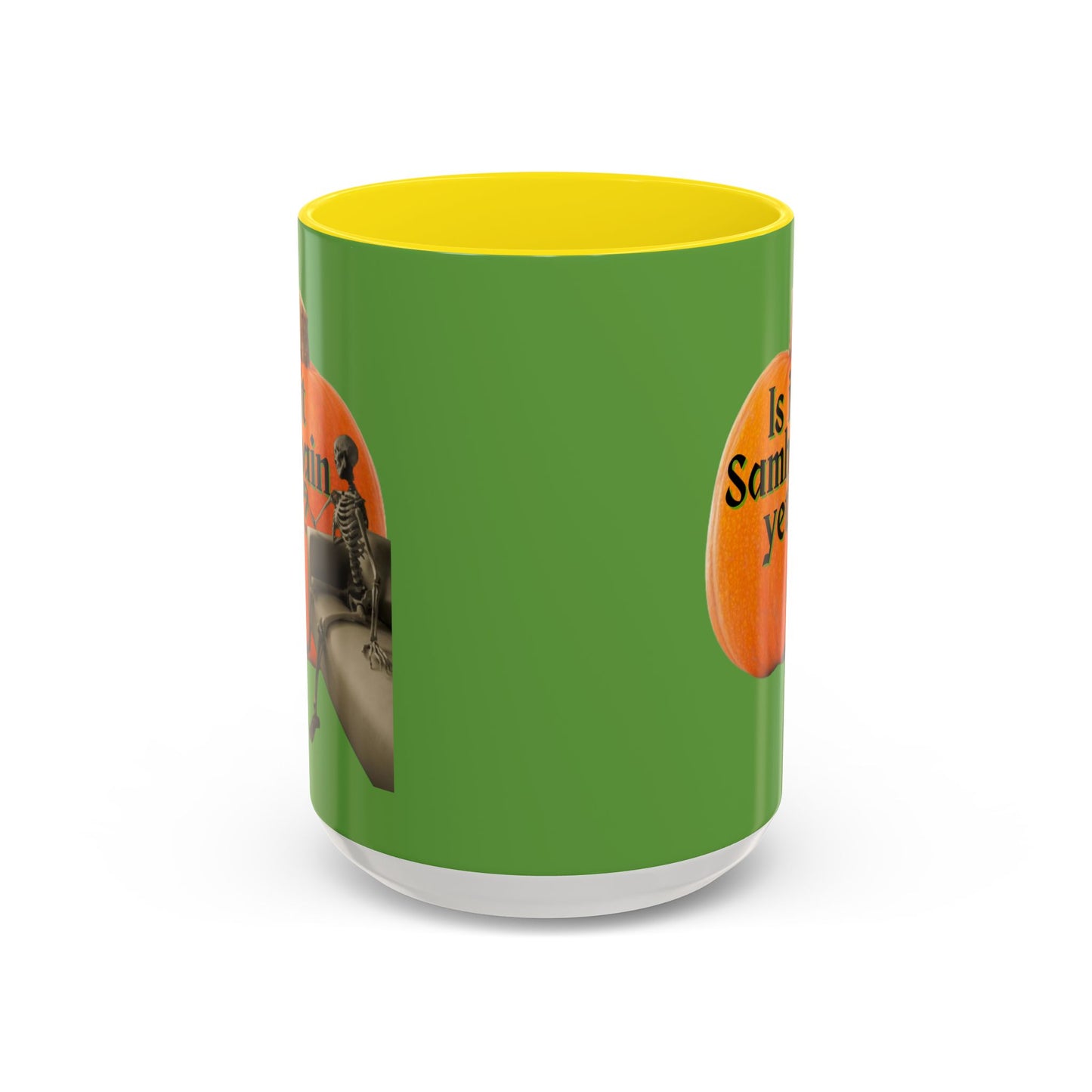 Is It Samhain Yet? Skeleton's Giant Pumpkin Green Accent Mug by CreepyCrafts.boo