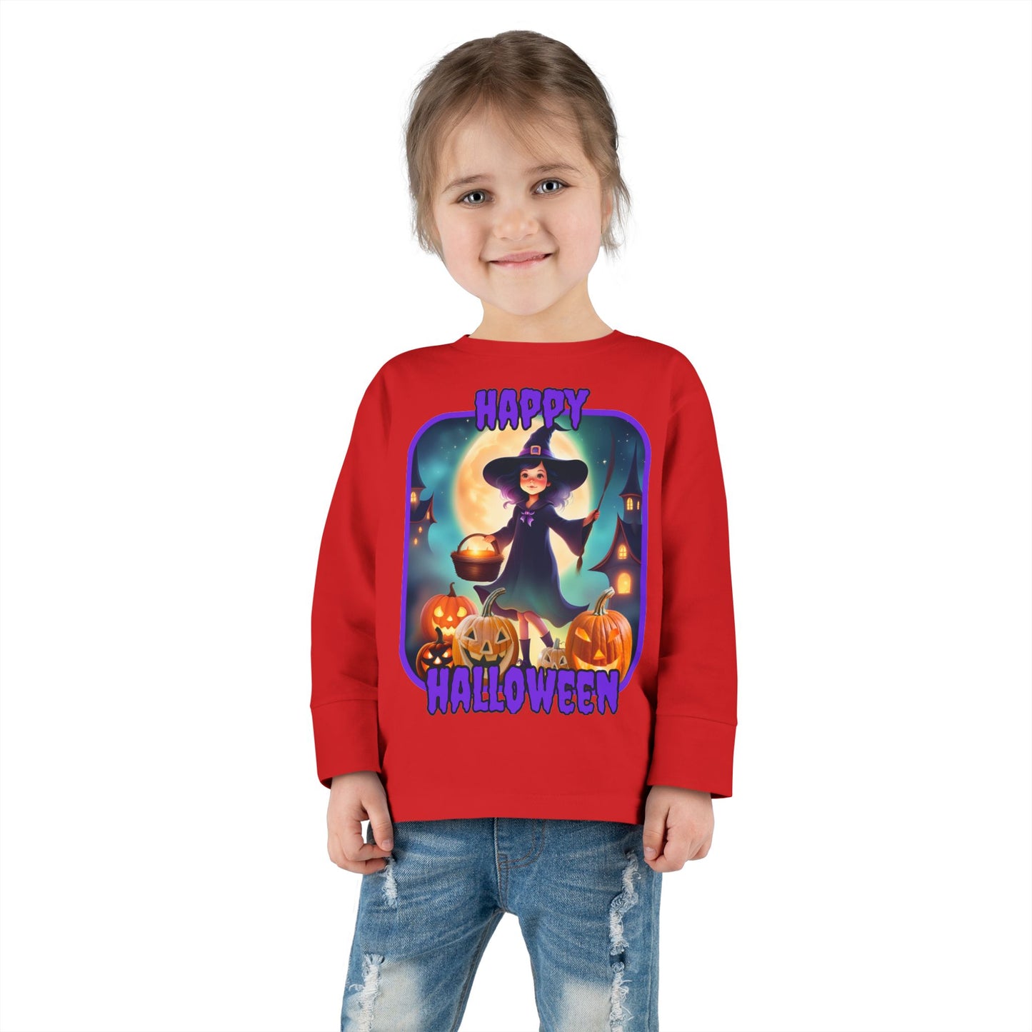 Happy Halloween Little Witch Purple font Toddler Long Sleeve Tee by CreepyCrafts.boo