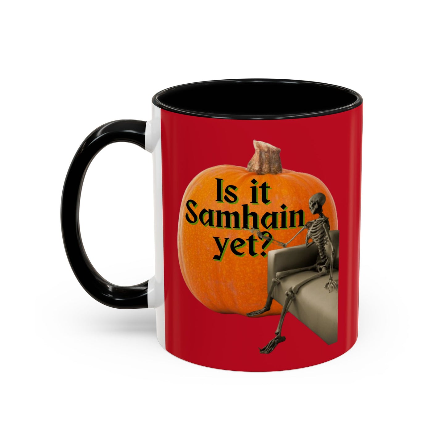 Is It Samhain Yet? Skeleton's Giant Pumpkin Red Accent Mug by CreepyCrafts.boo