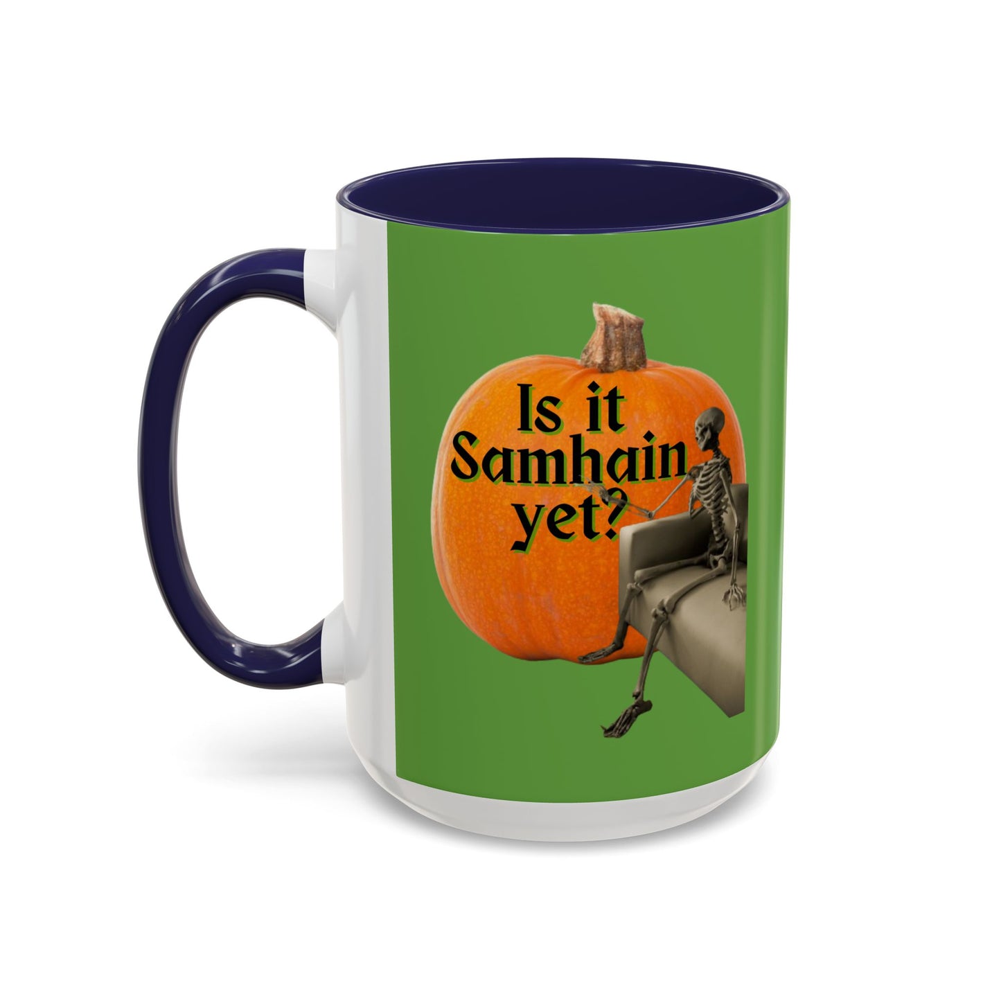 Is It Samhain Yet? Skeleton's Giant Pumpkin Green Accent Mug by CreepyCrafts.boo