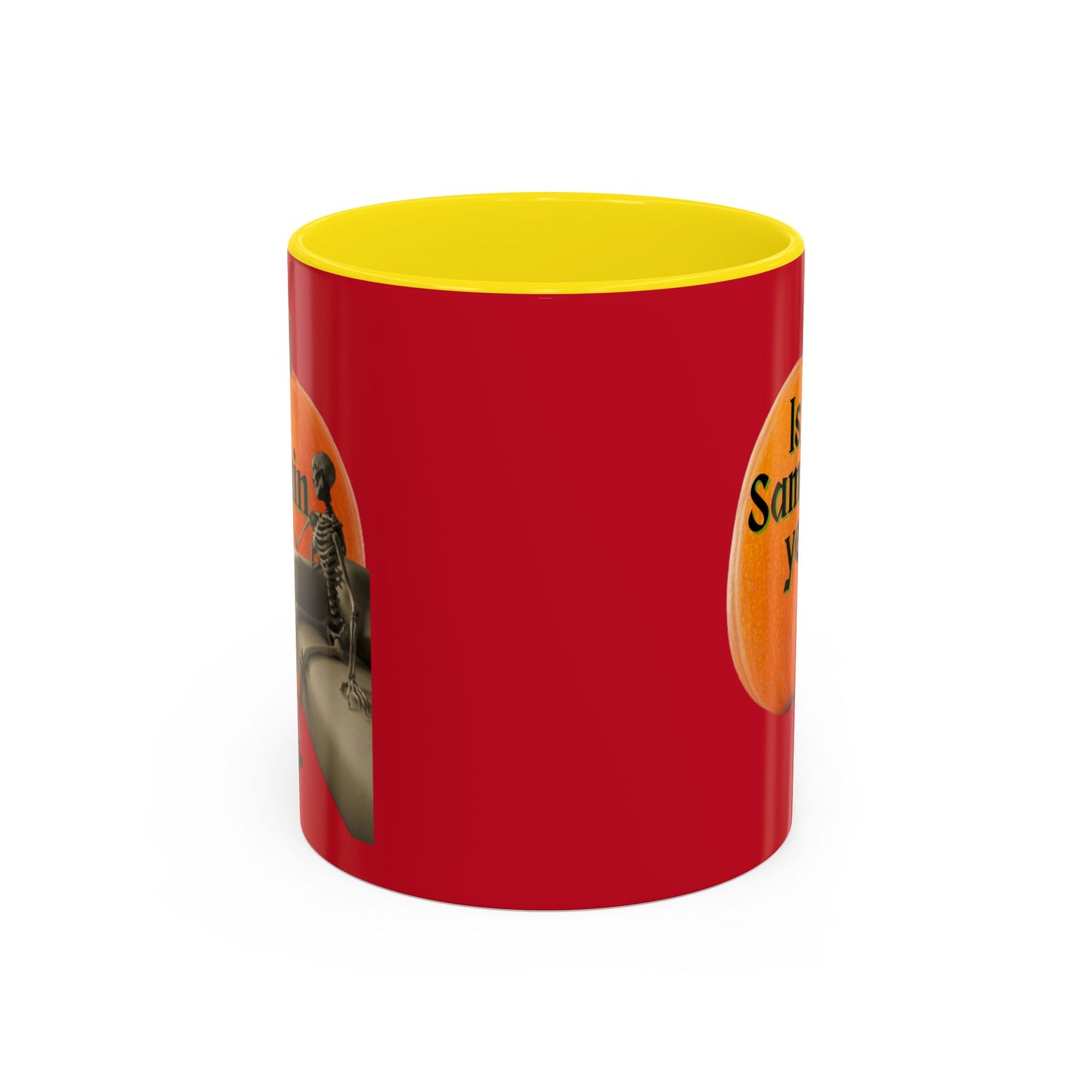 Is It Samhain Yet? Skeleton's Giant Pumpkin Red Accent Mug by CreepyCrafts.boo