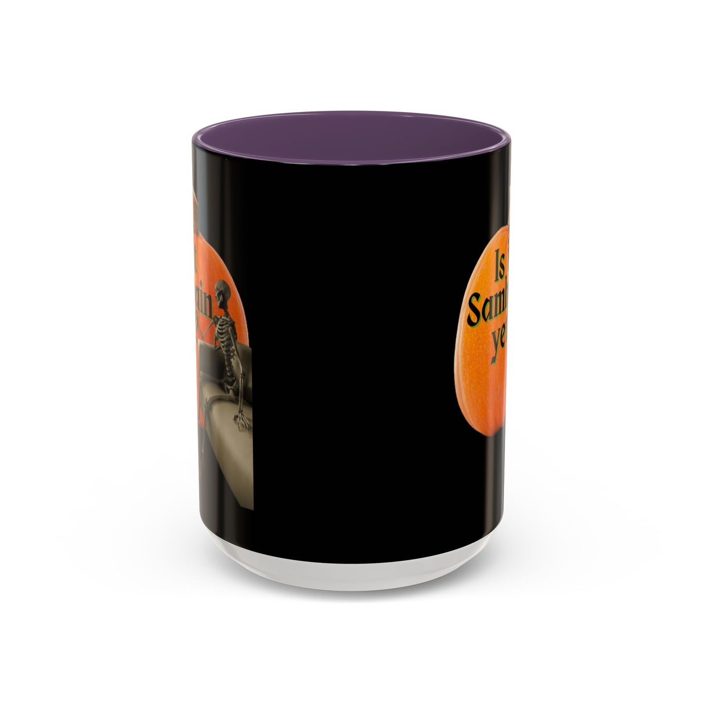 Is It Samhain Yet? Skeleton's Giant Pumpkin Black Accent Mug by CreepyCrafts.boo