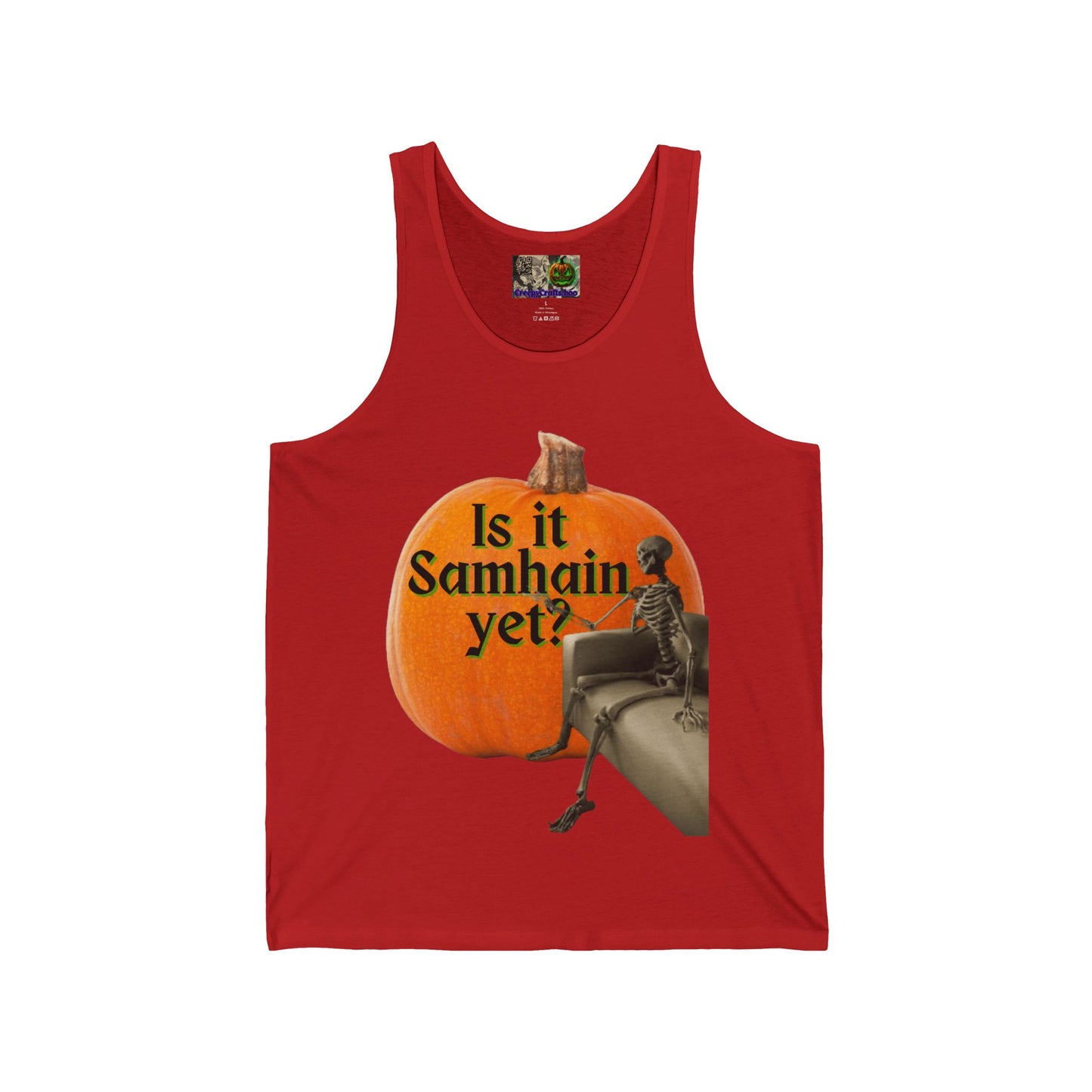 Is It Samhain Yet? Skeleton's Giant Pumpkin Unisex Jersey Tank Top by CreepyCrafts.boo