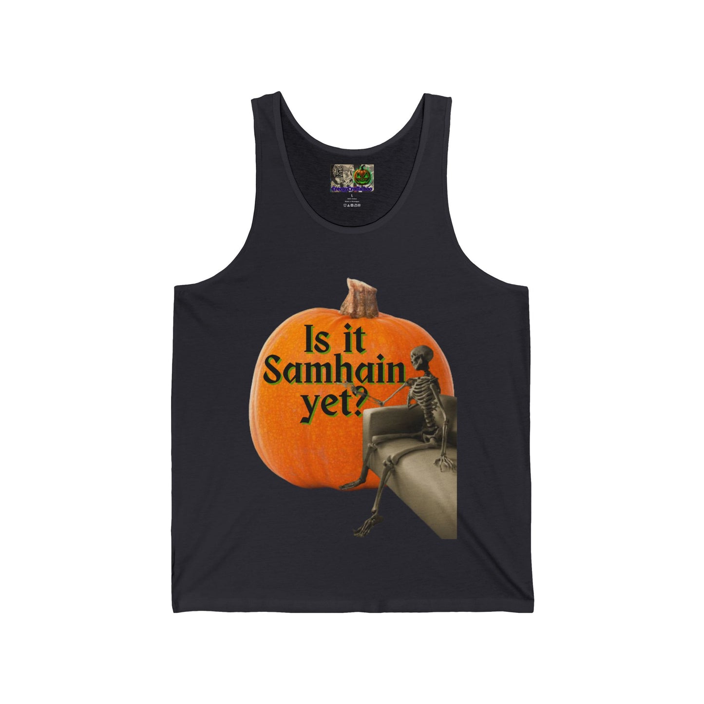 Is It Samhain Yet? Skeleton's Giant Pumpkin Unisex Jersey Tank Top by CreepyCrafts.boo
