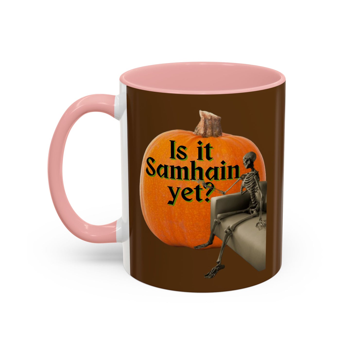 Is It Samhain Yet? Skeleton's Giant Pumpkin Brown Accent Mug by CreepyCrafts.boo