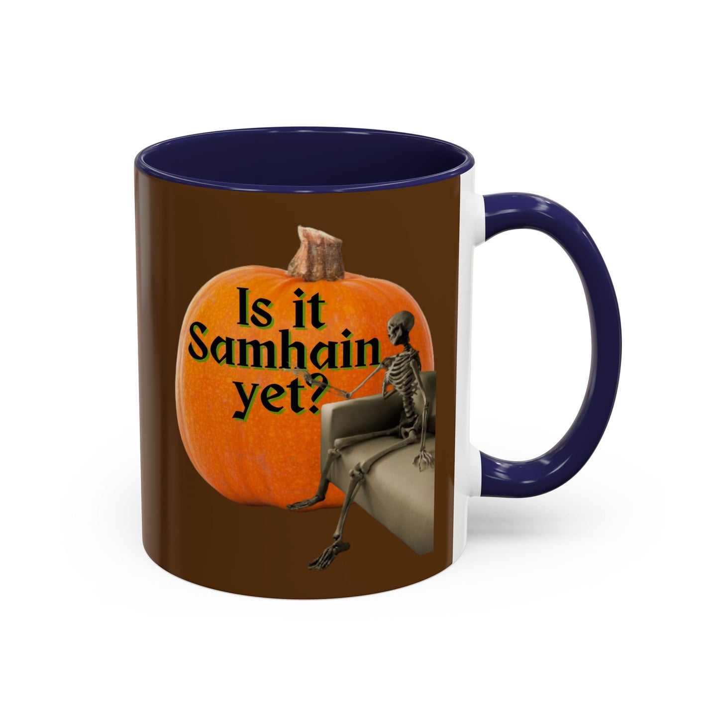 Is It Samhain Yet? Skeleton's Giant Pumpkin Brown Accent Mug by CreepyCrafts.boo