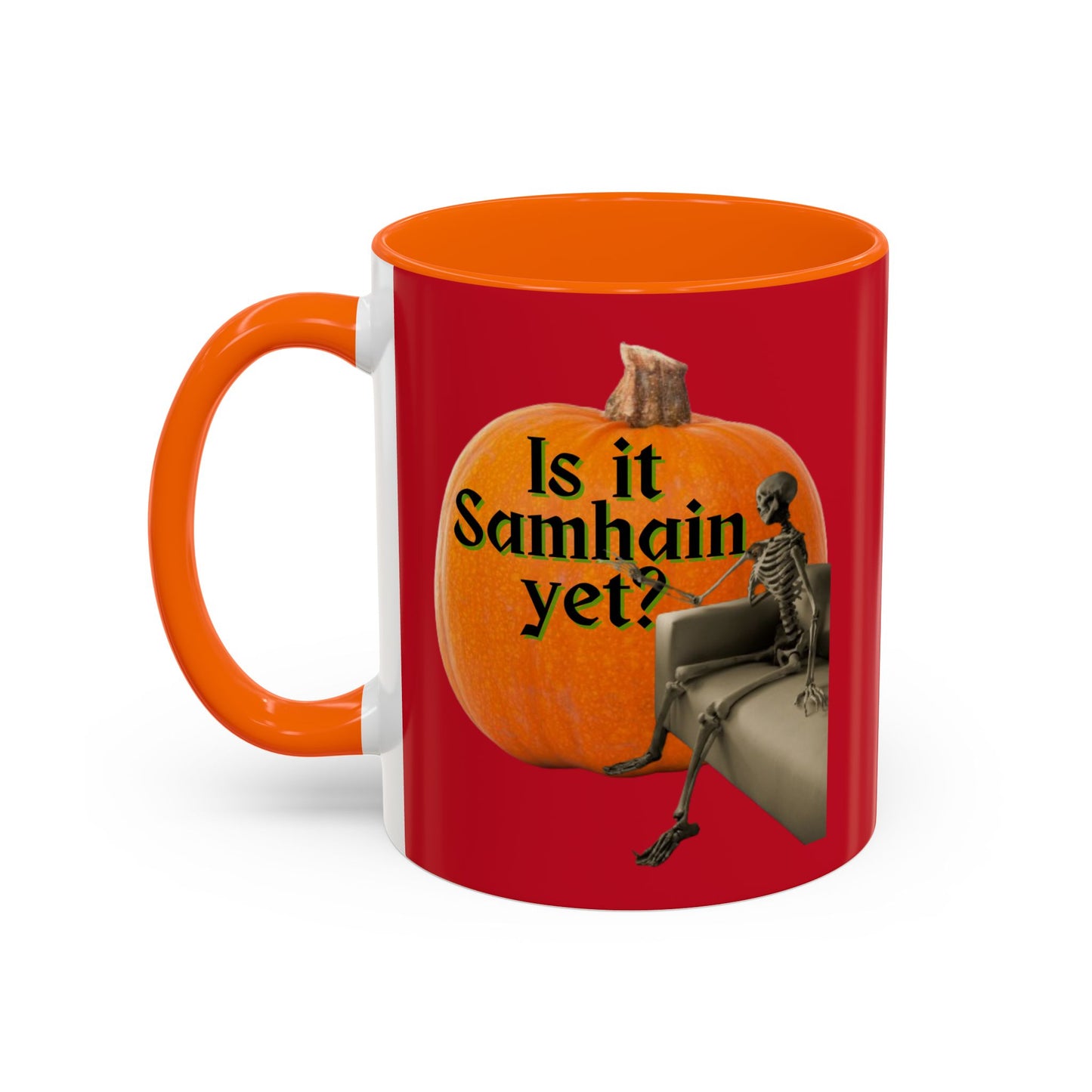 Is It Samhain Yet? Skeleton's Giant Pumpkin Red Accent Mug by CreepyCrafts.boo
