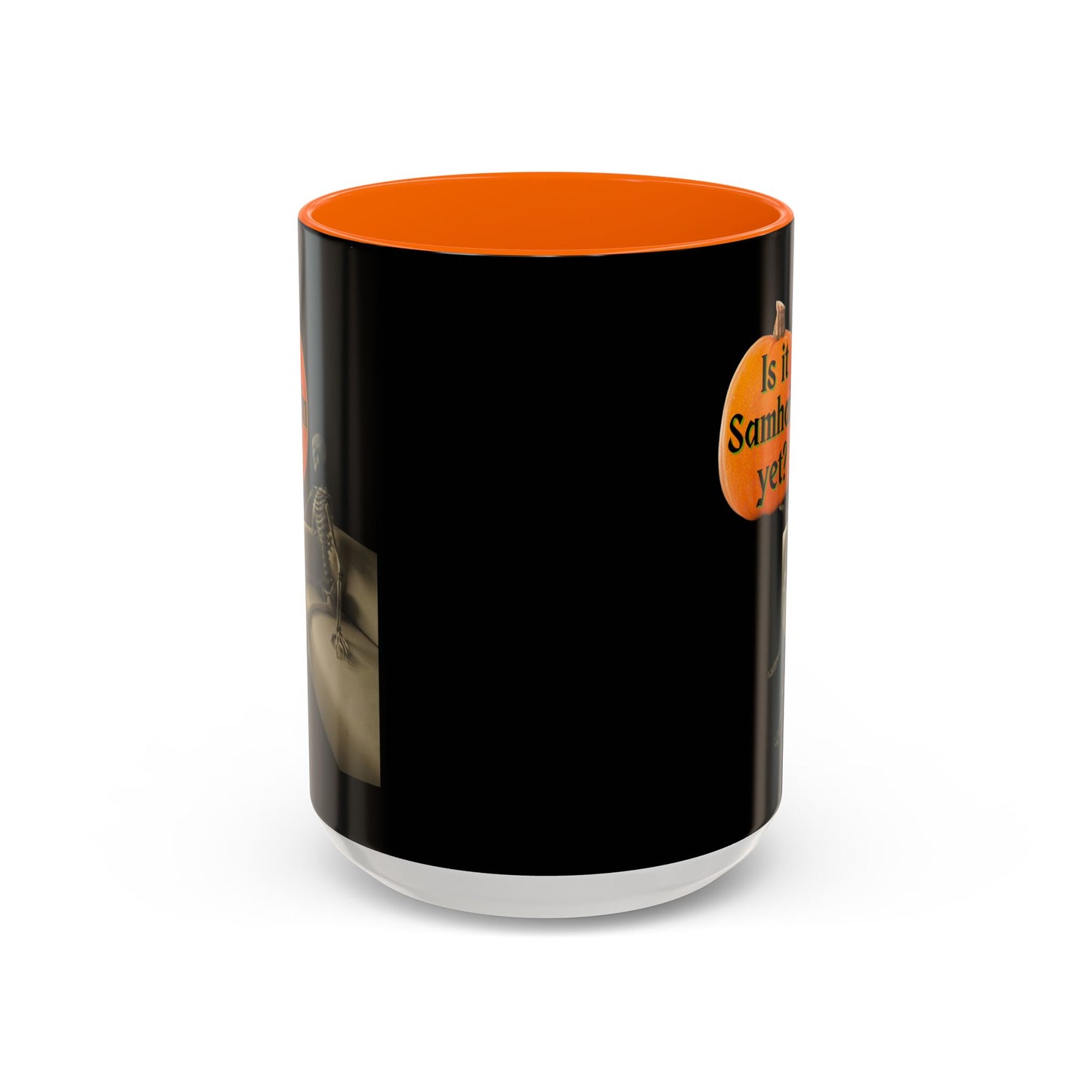 Is it Samhain yet? Skeleton's Pumpkin Black Accent Mug by CreepyCrafts.boo