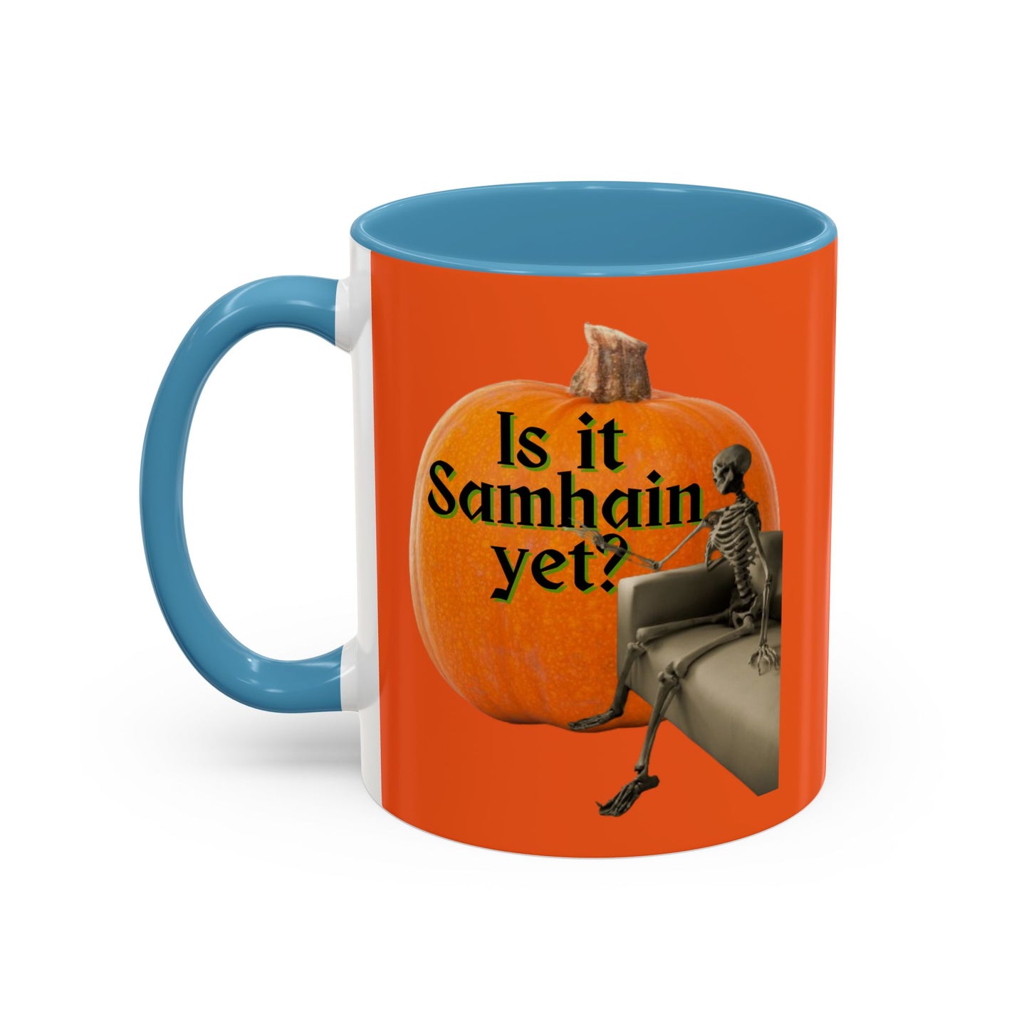 Is It Samhain Yet? Skeleton's Giant Pumpkin Orange Accent Mug by CreepyCrafts.boo