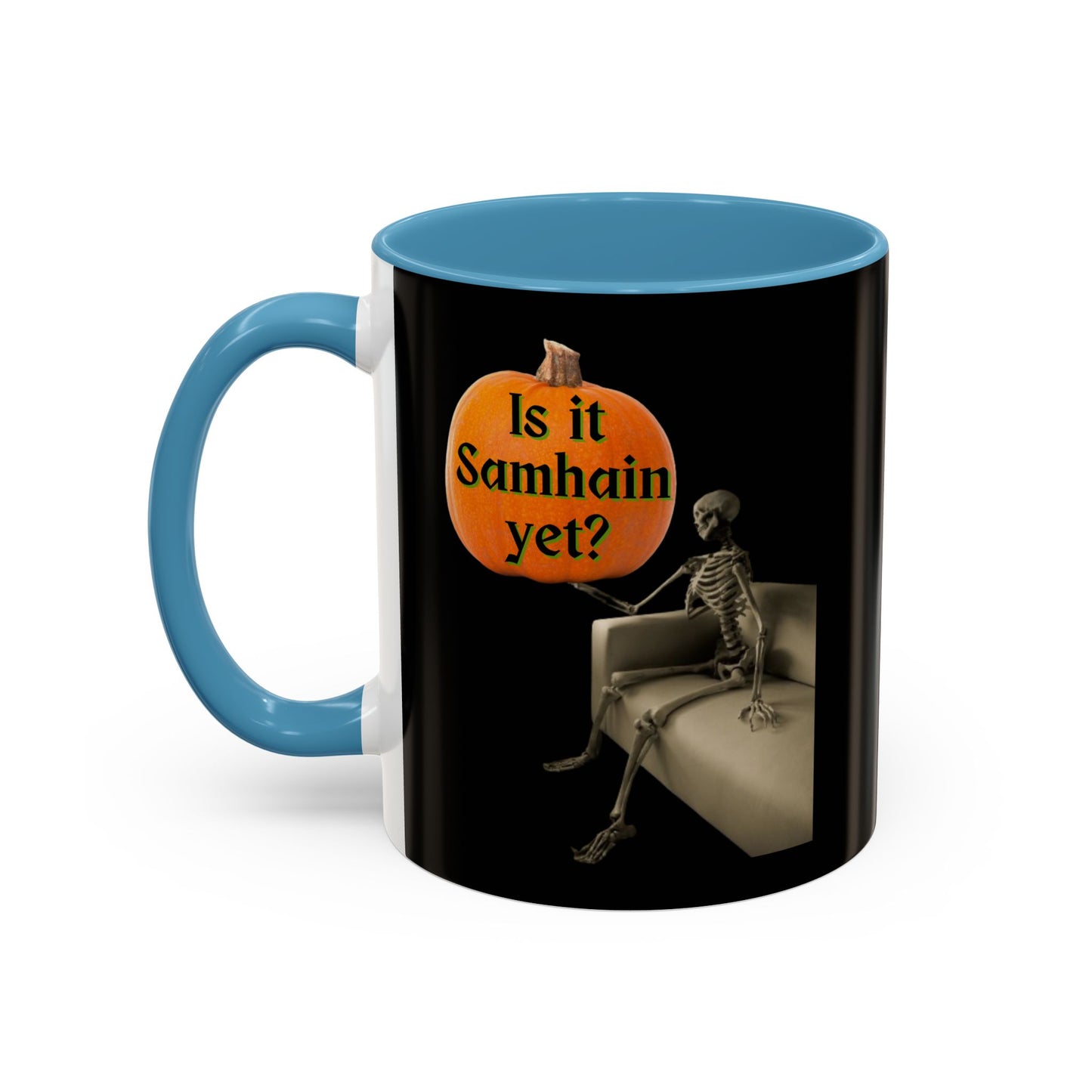 Is it Samhain yet? Skeleton's Pumpkin Black Accent Mug by CreepyCrafts.boo