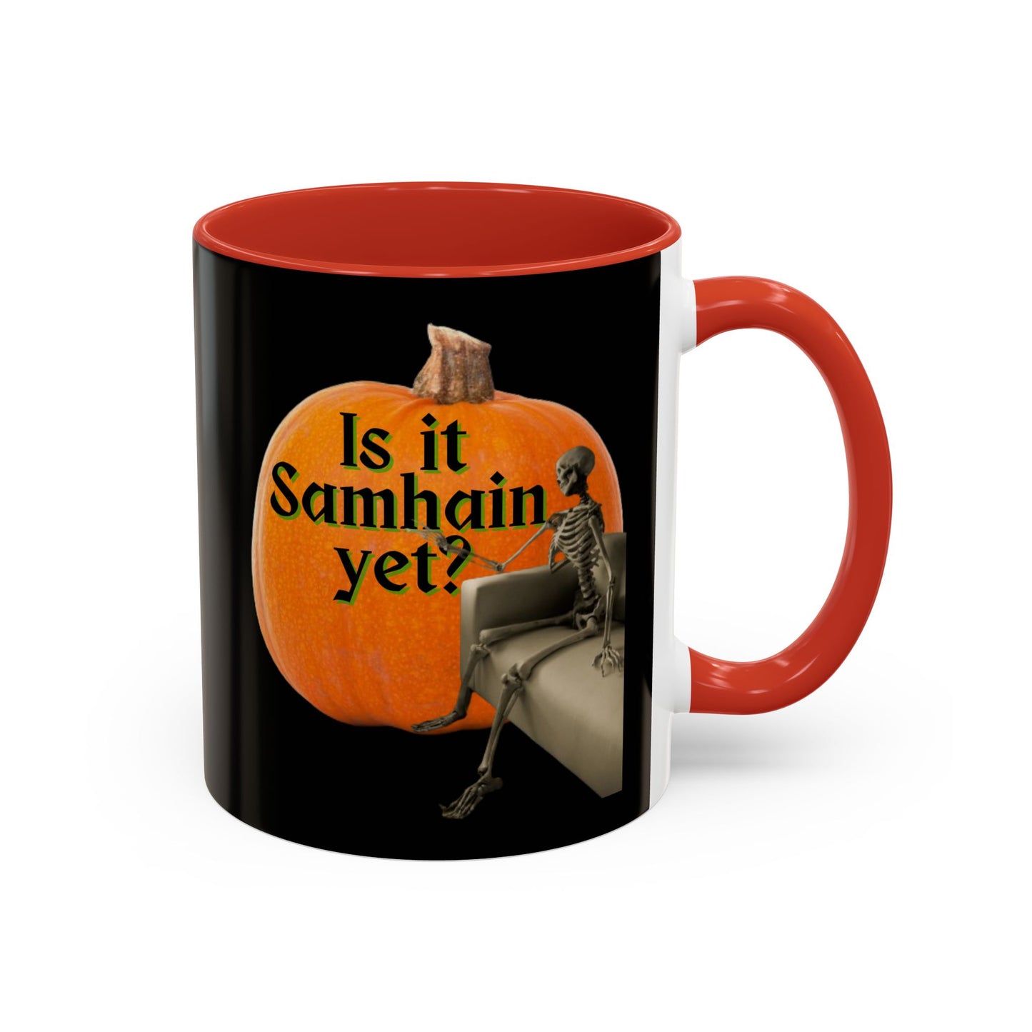Is It Samhain Yet? Skeleton's Giant Pumpkin Black Accent Mug by CreepyCrafts.boo