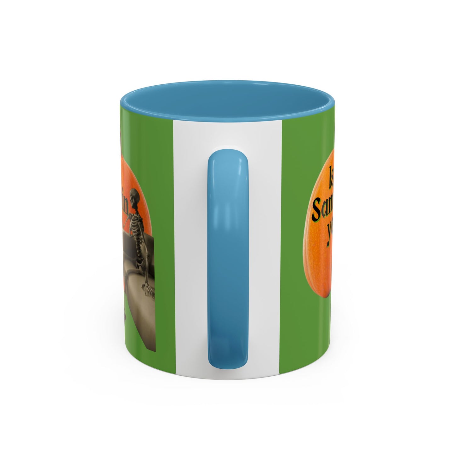 Is It Samhain Yet? Skeleton's Giant Pumpkin Green Accent Mug by CreepyCrafts.boo