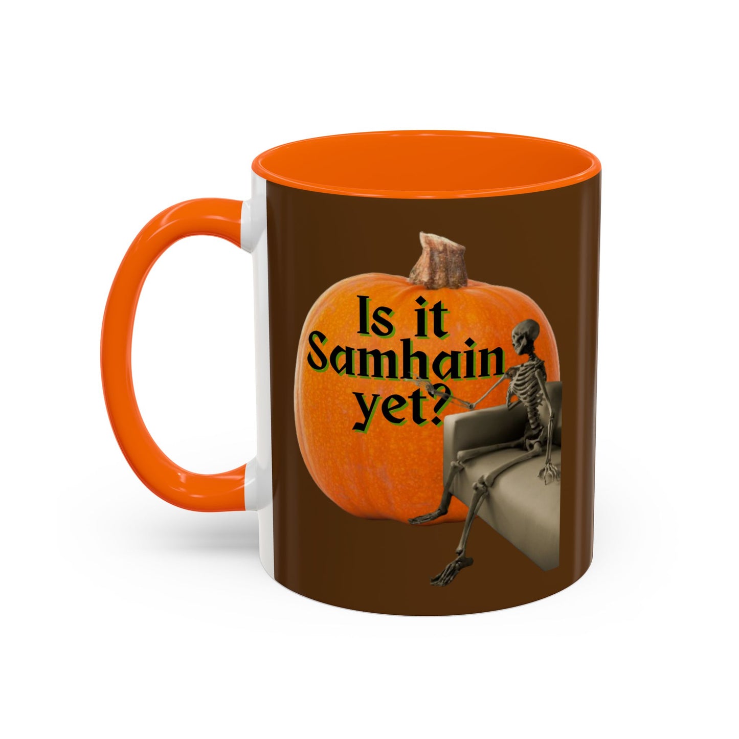 Is It Samhain Yet? Skeleton's Giant Pumpkin Brown Accent Mug by CreepyCrafts.boo